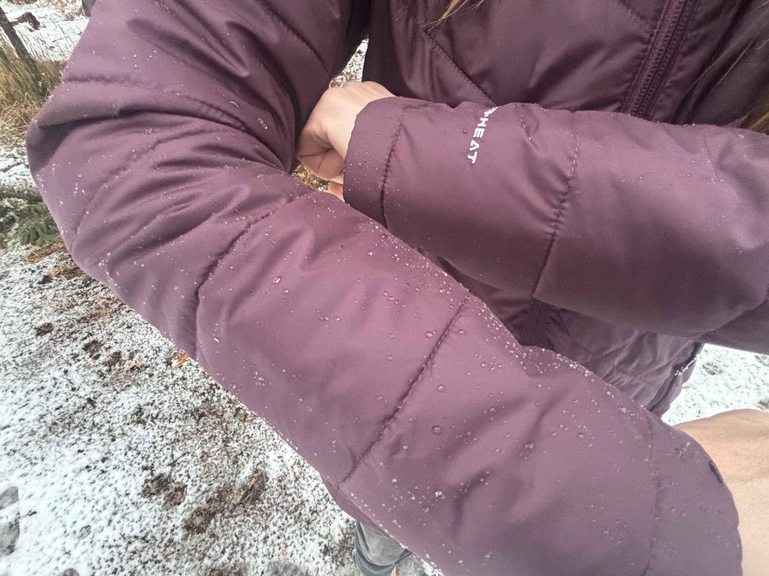 a close up of moisture on the arms of the columbia heavenly jacket