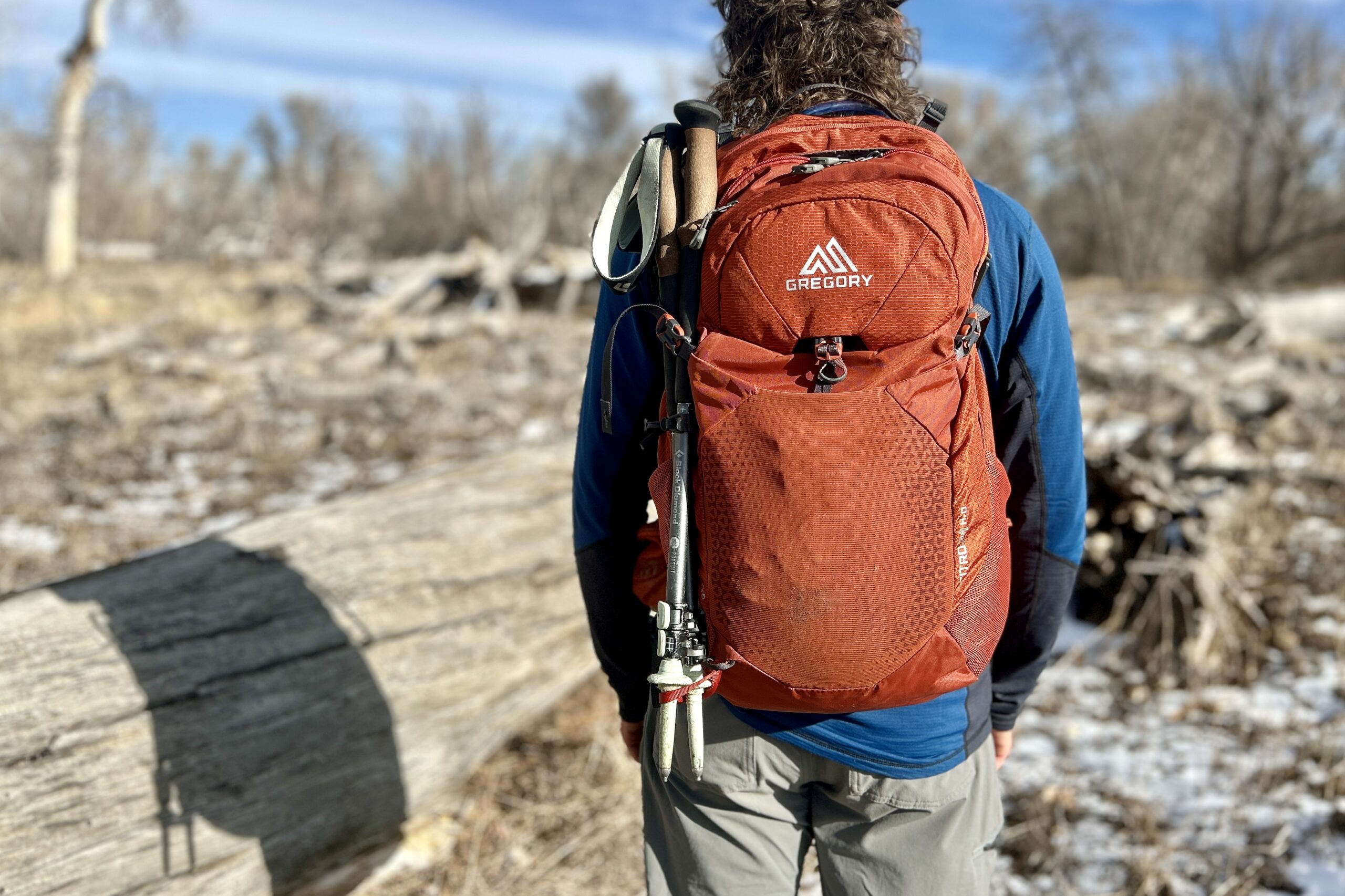 A closeup of a person wearing a backpack in a wilderness area.