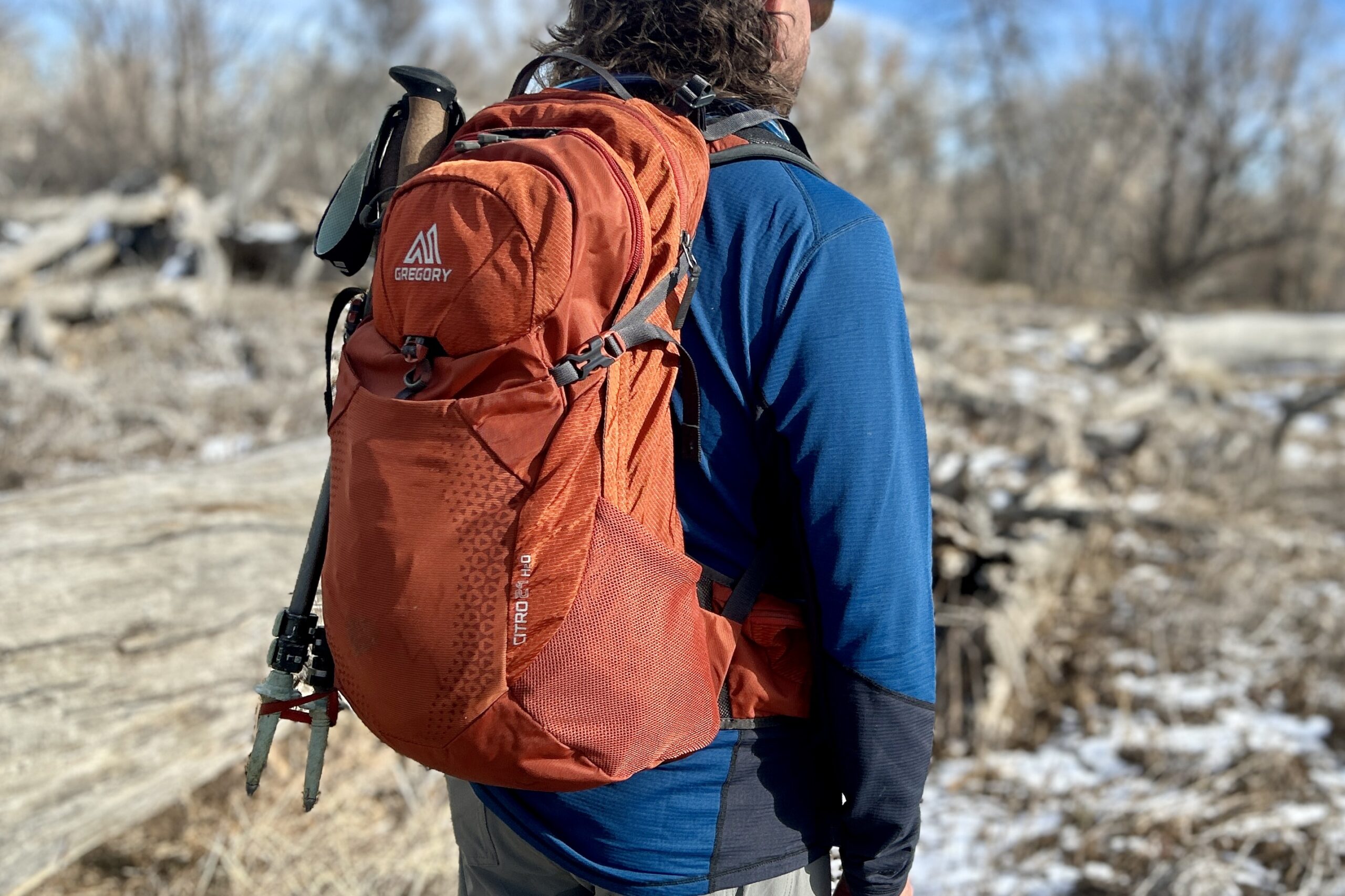 A closeup of a person wearing a backpack in a wilderness area.