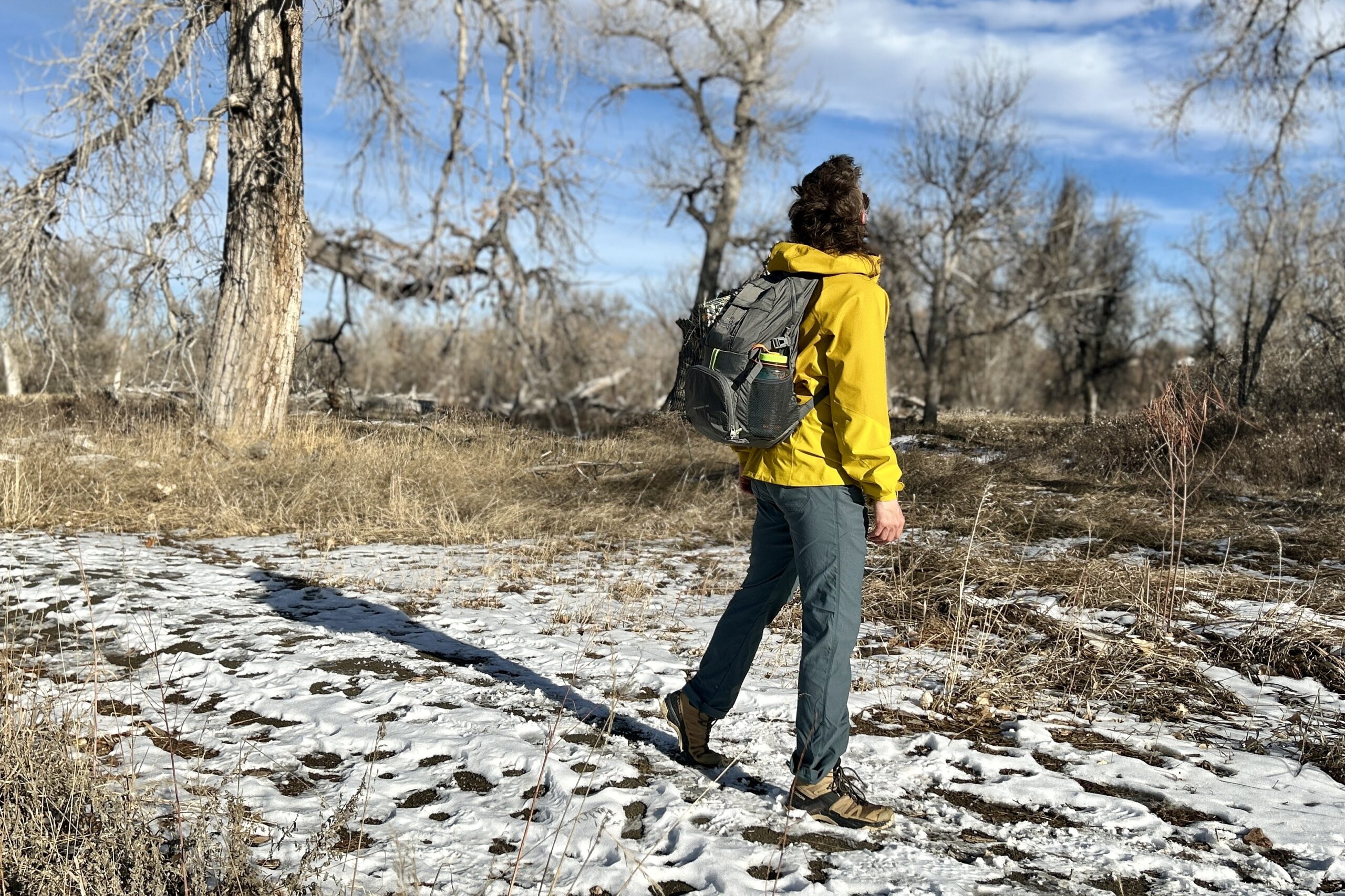 A man hikes through a wintry forest landscape on a sunny day.