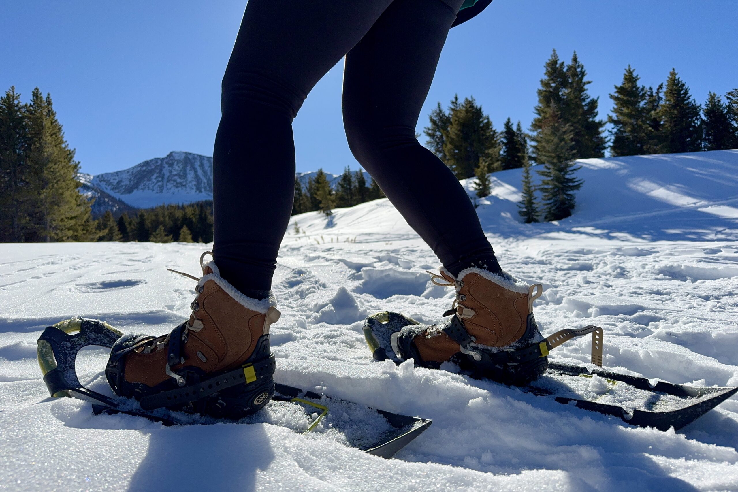 A close up of the Bridger boots being used with some snow shoes in the mountains.