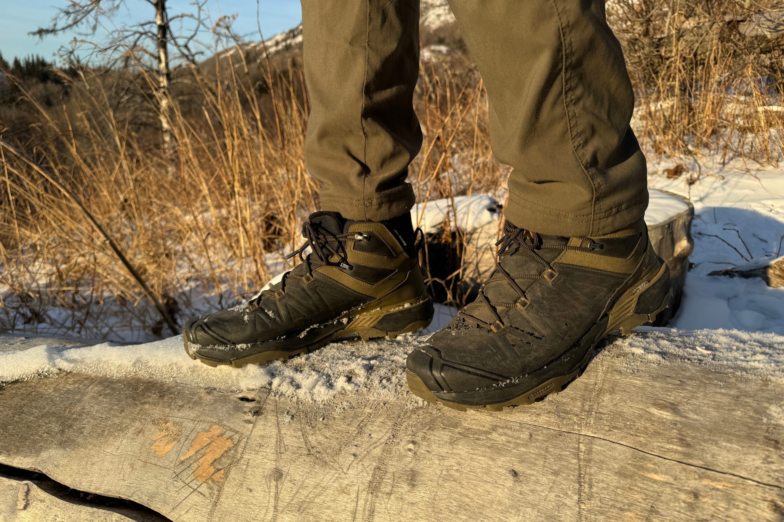 A closeup of winter boots standing on a fallen log.