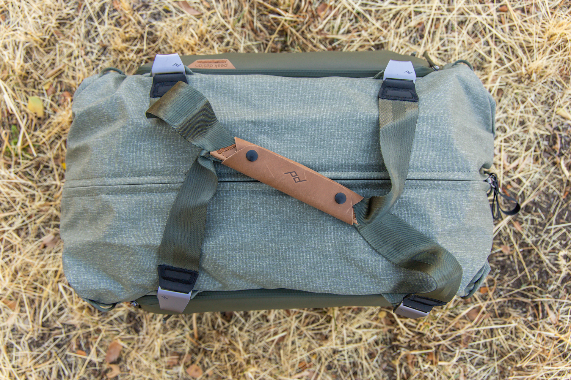 A top-down view of the duffel with duffel straps attached.