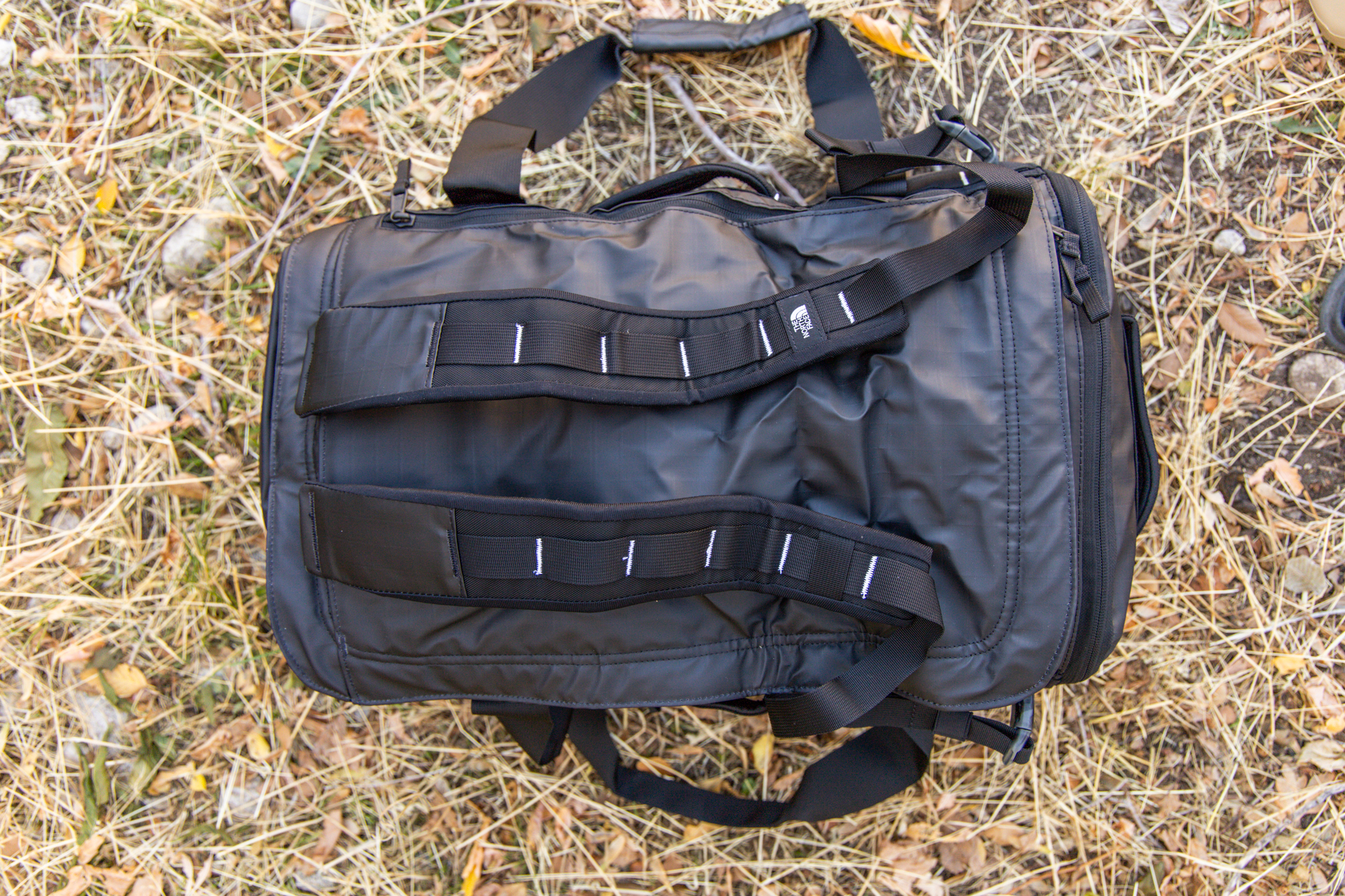 Top view of the duffel with stowable pack straps attached.