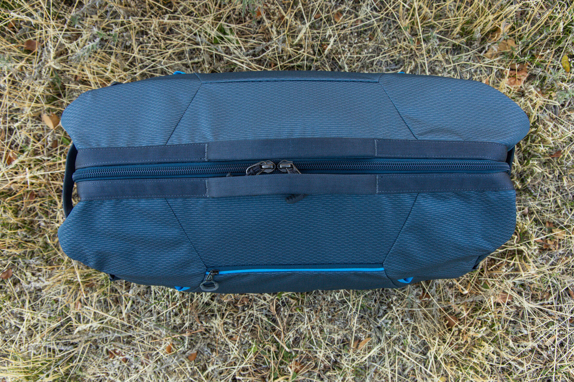 A top-down view of the Gregory Alpaca Wide Mouth 50 and it's low-profile but sturdy top grab handles.