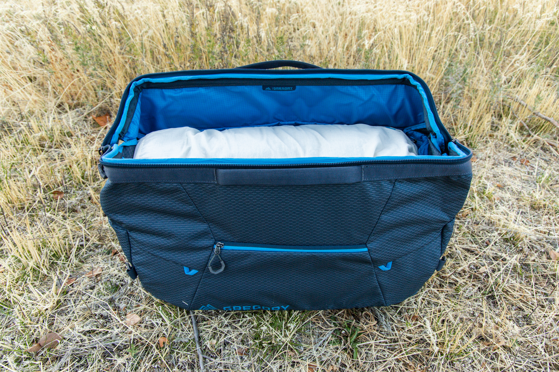 The Gregory Alpaca Wide Mouth 50 duffel's doctor-bag style opening stays open during packing.