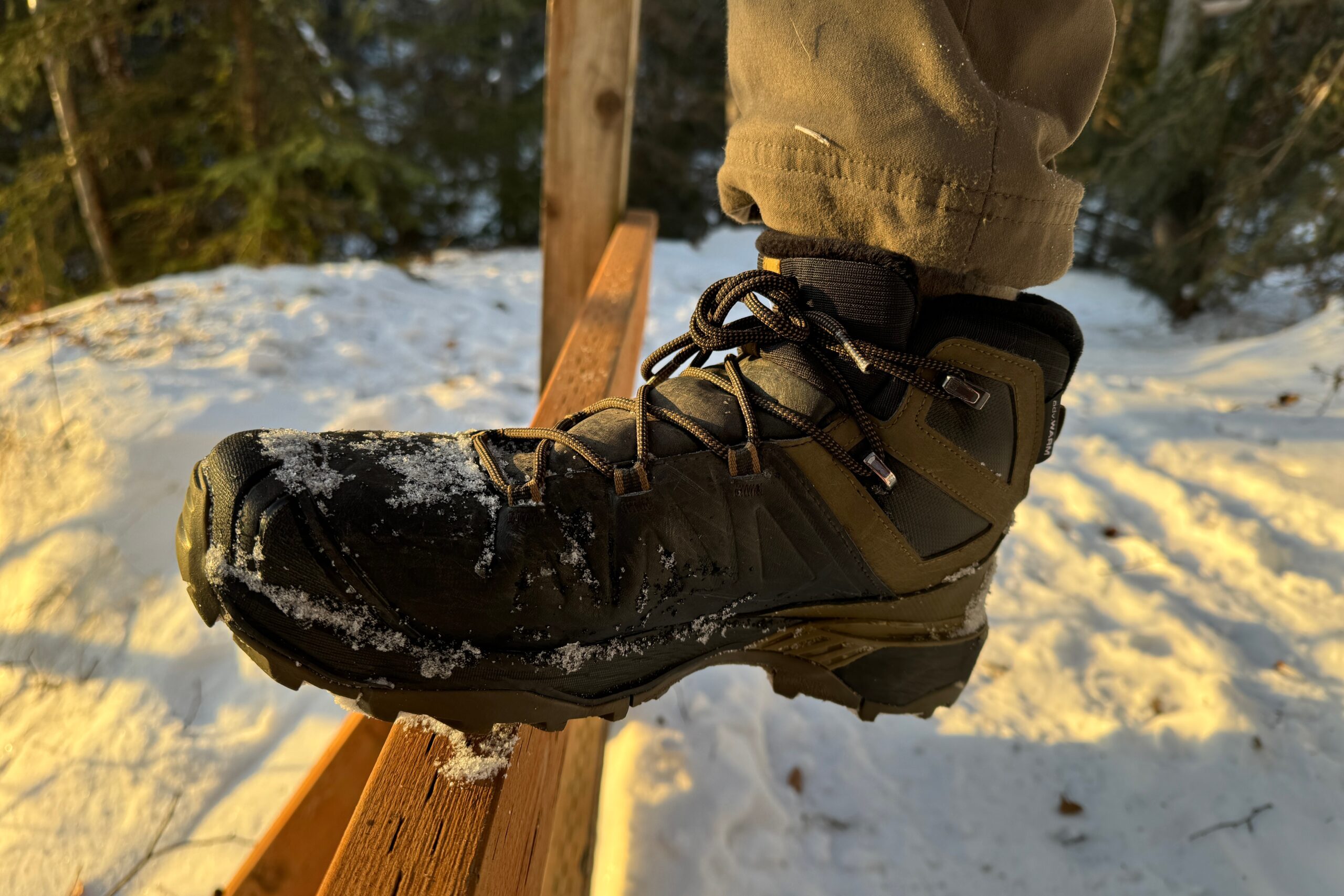 A closeup of a winter boot on a piece of wood.