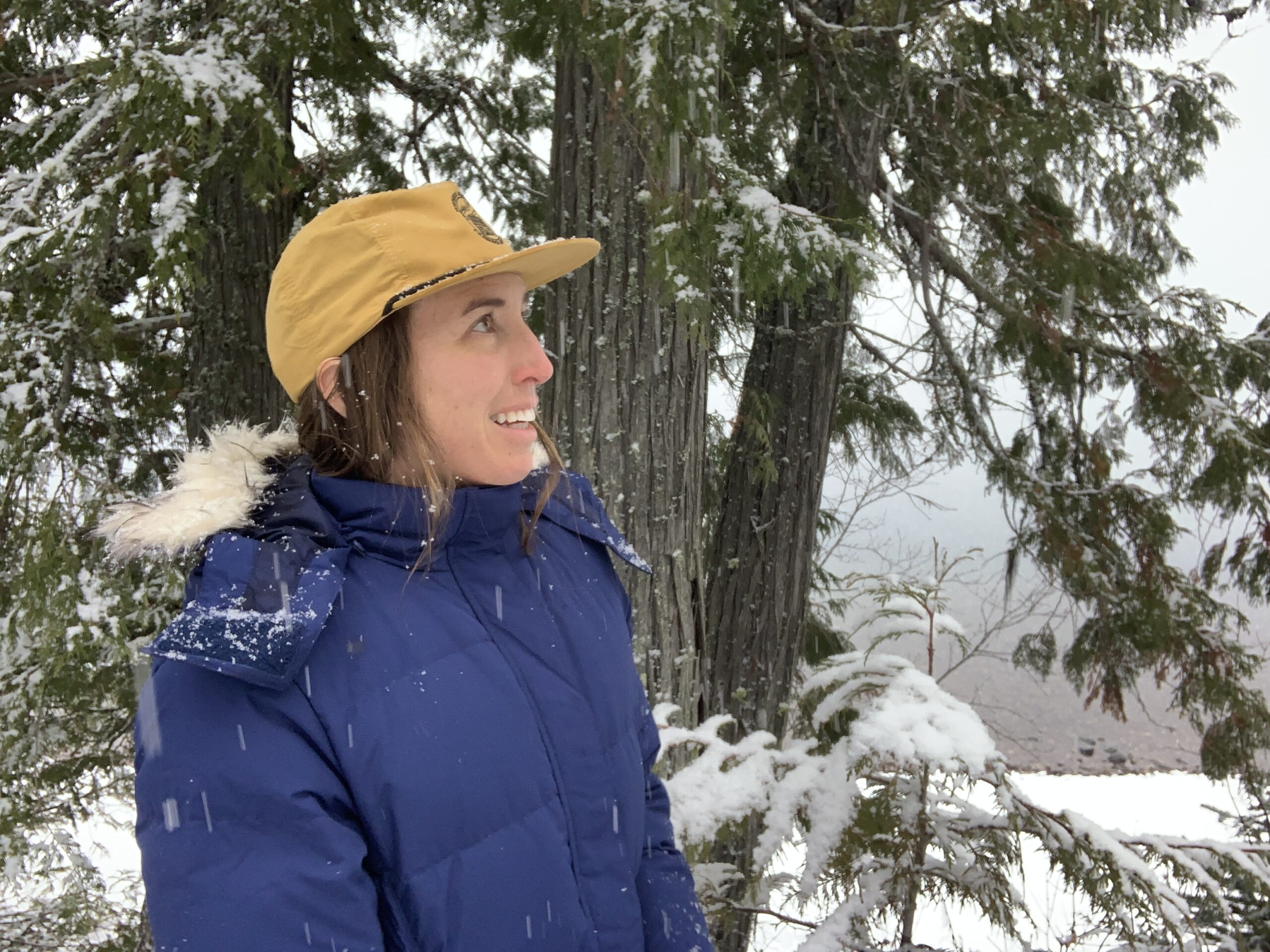 a woman looking at the snow falling next to snowy cedars along a lake while wearing the ll bean ultrawarm down parka