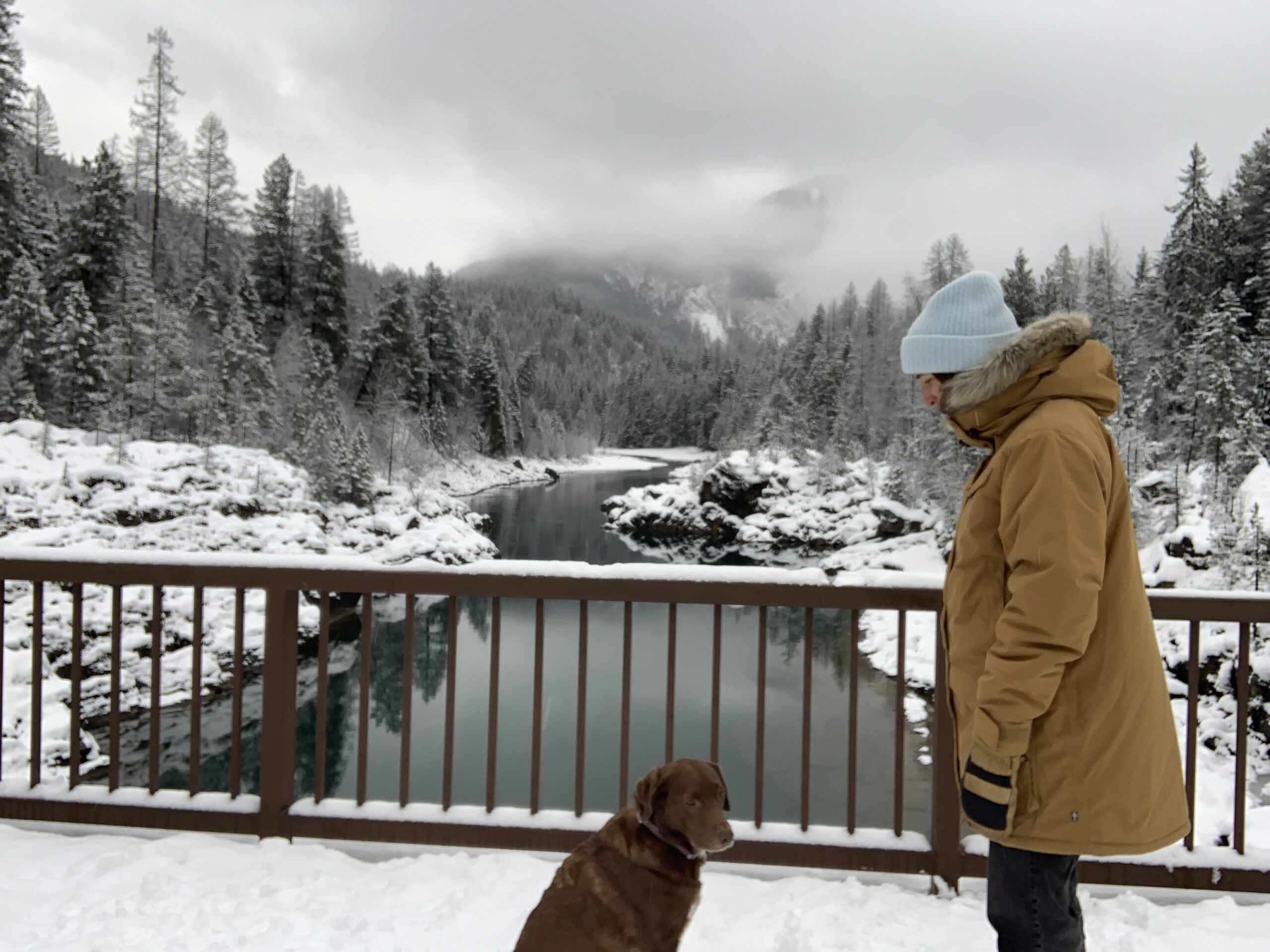 a woman looks down at her dog sitting on a bridge over the middle fork of the flathead river in montana