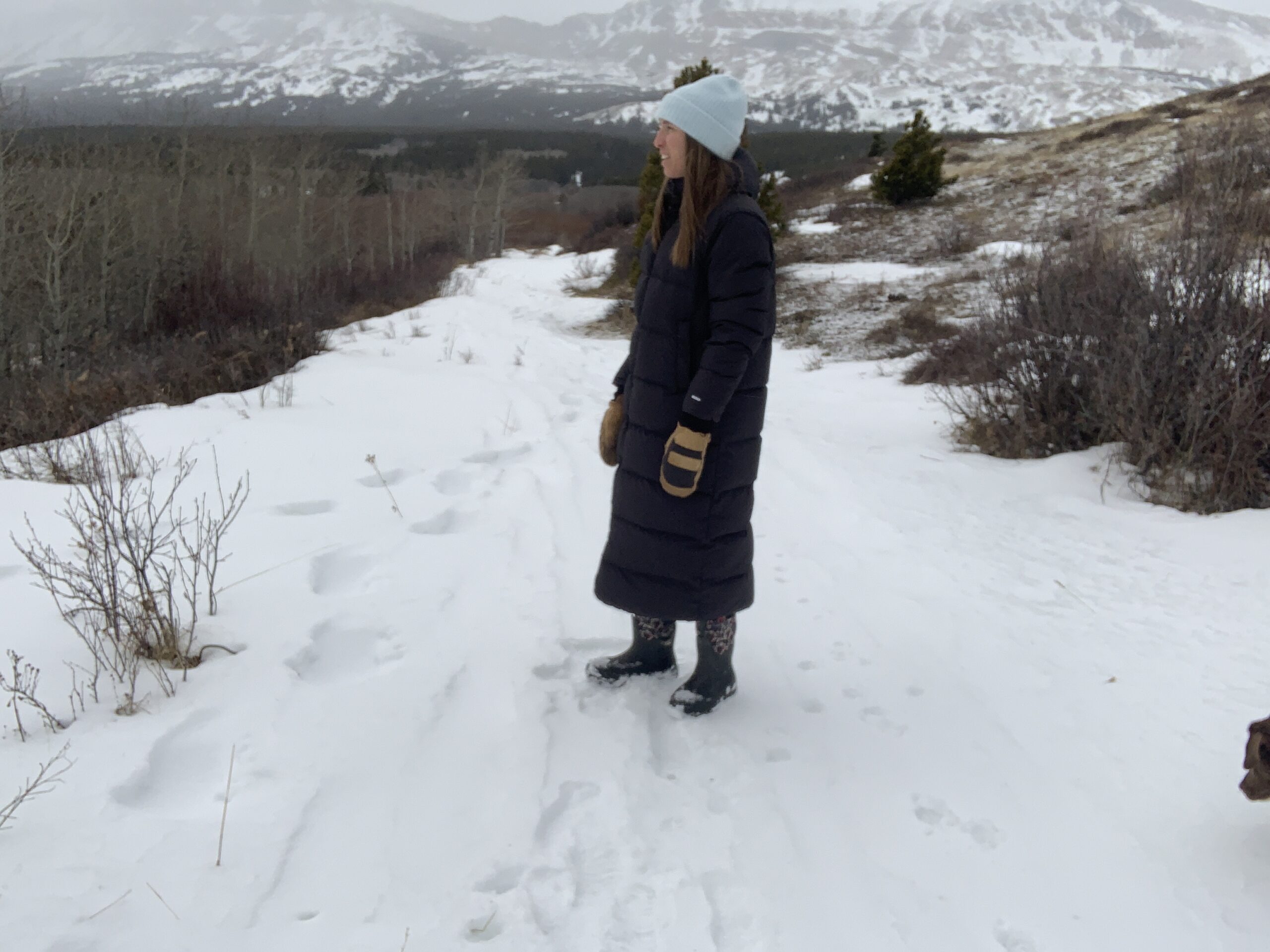 a woman looks off into the distance while on a snowy walk wearing the north face triple c down parka