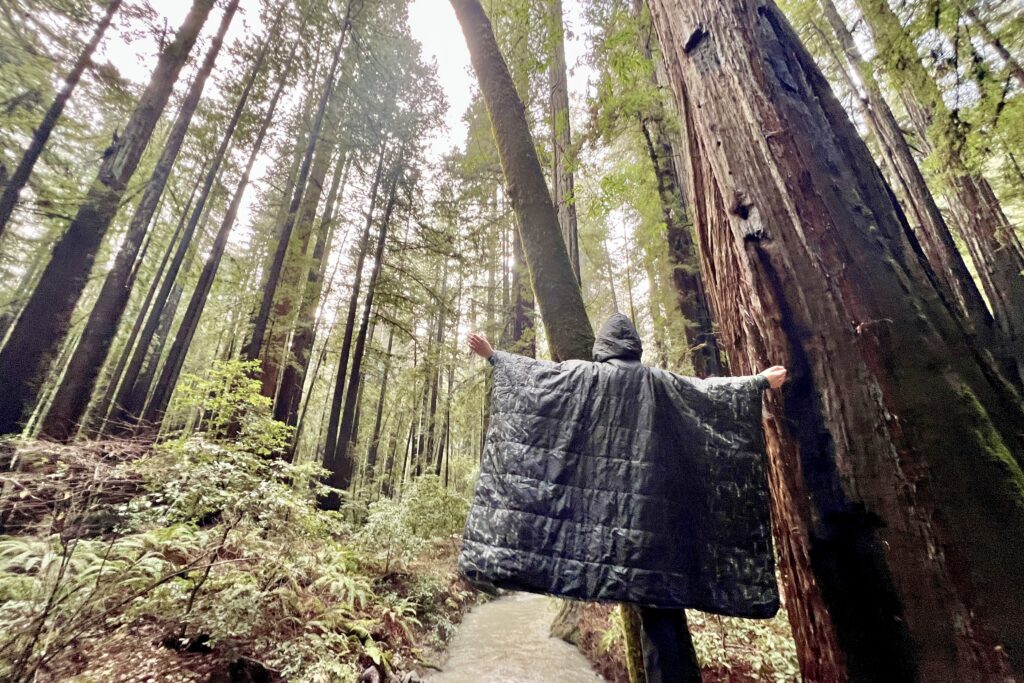 Person standing over a creek under the redwoods wearing the Therm-a-Rest Honcho Poncho, spreading her arms outstretched wide.