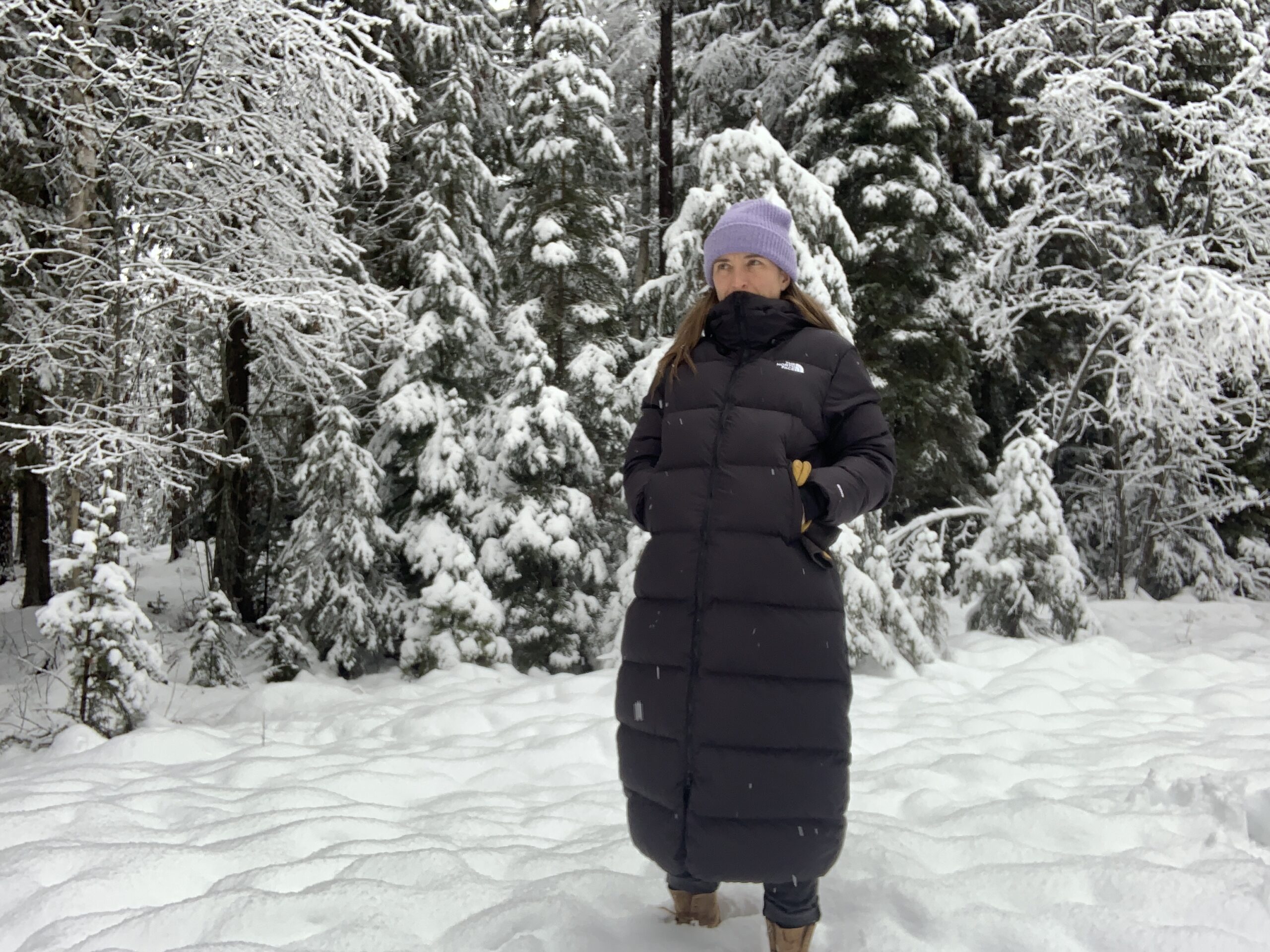 A woman standing in a snowy meadow puts her hands in the pockets of the triple c down parka by the north face/