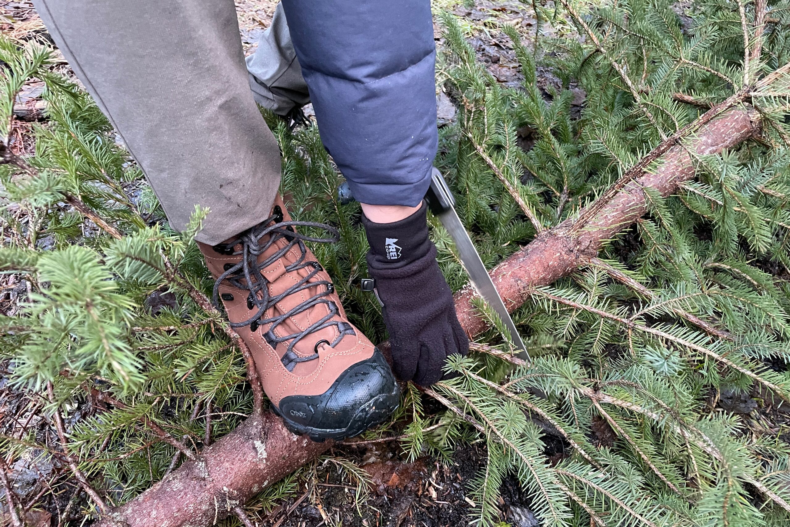 A closeup of gloves being worn to cut down a tree.