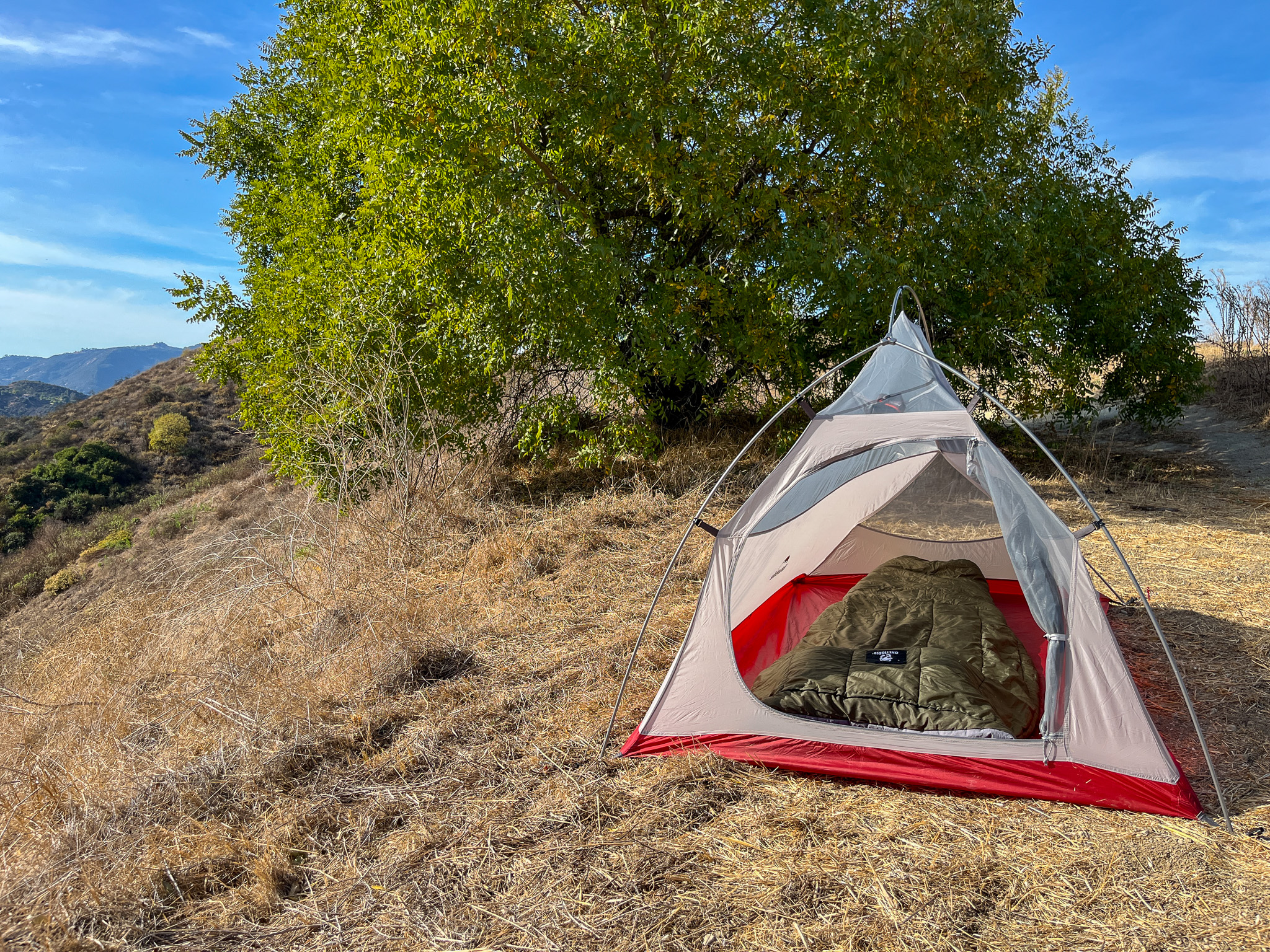 Front view of the Naturehike CloudUp 2 showing the interior and a sleeping bag inside. A tree and mountains in the background