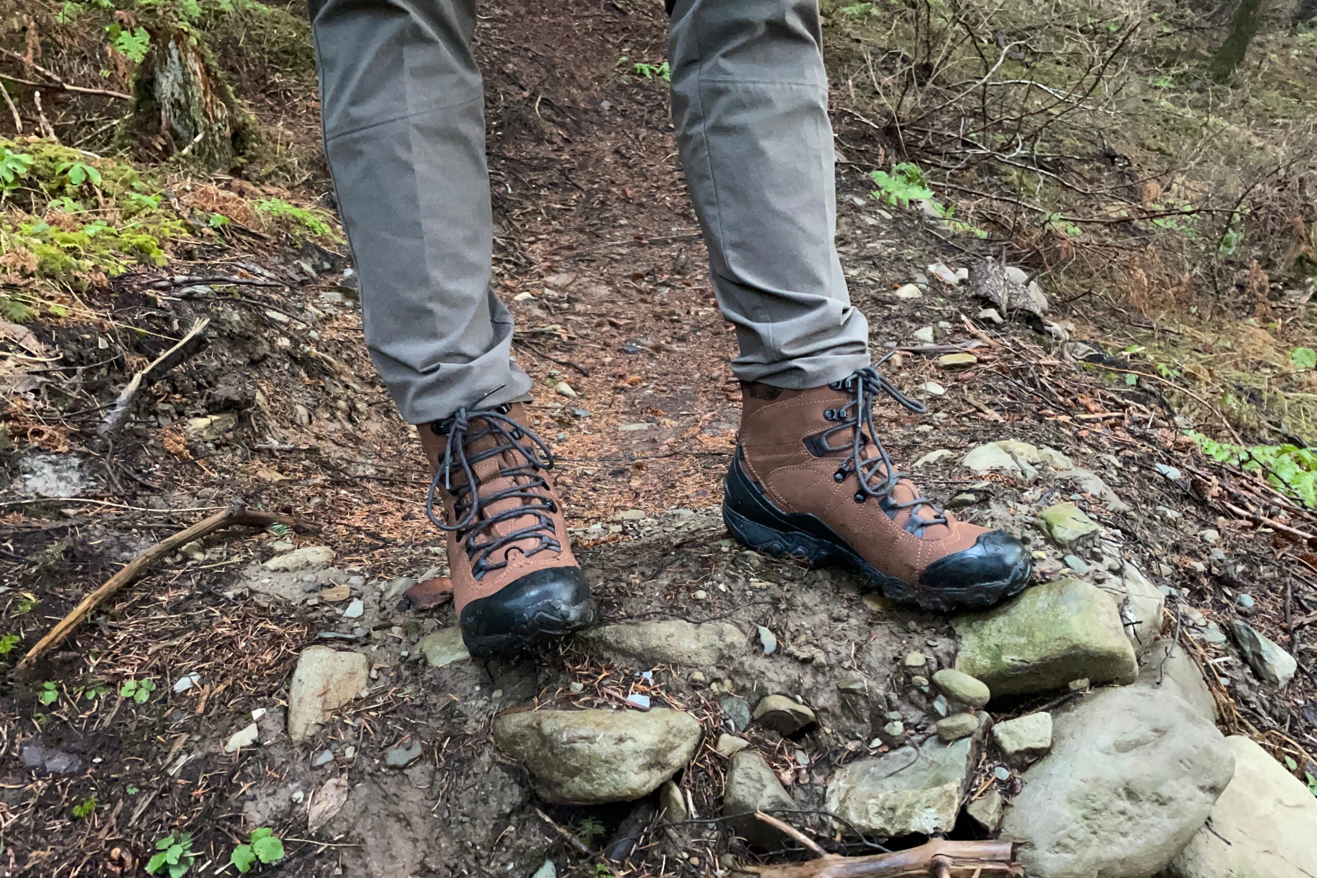 A closeup of the front of hiking boots.