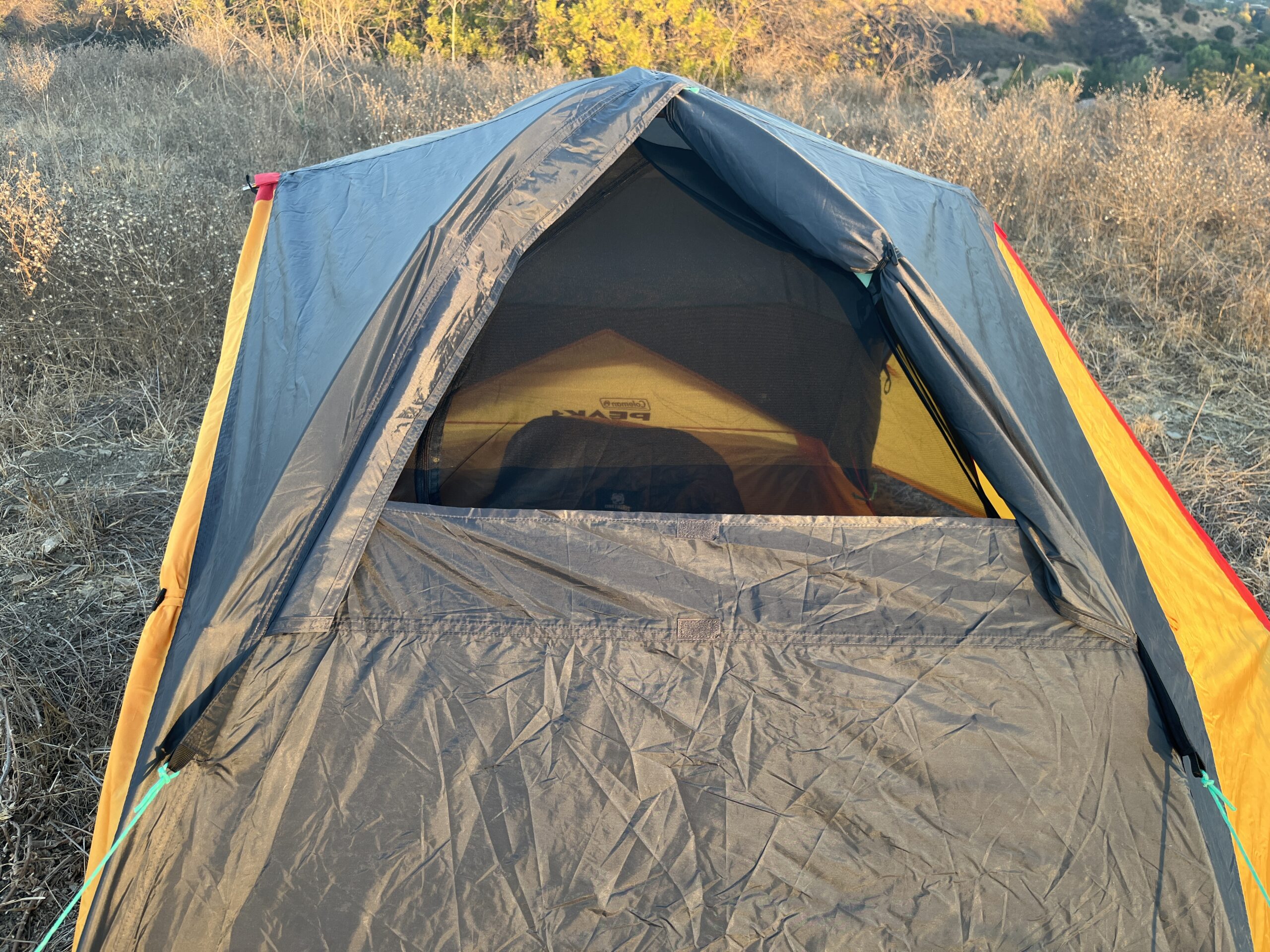 Top view of the Coleman Peak 1 with the rainfly on and the stargazing roof panel open and two guy lines are deployed. Grassland in the background.