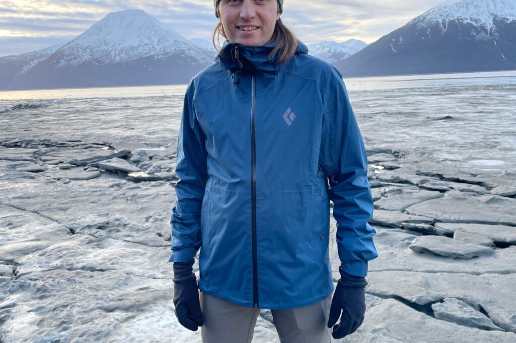 A closeup of the front of a rain jacket.