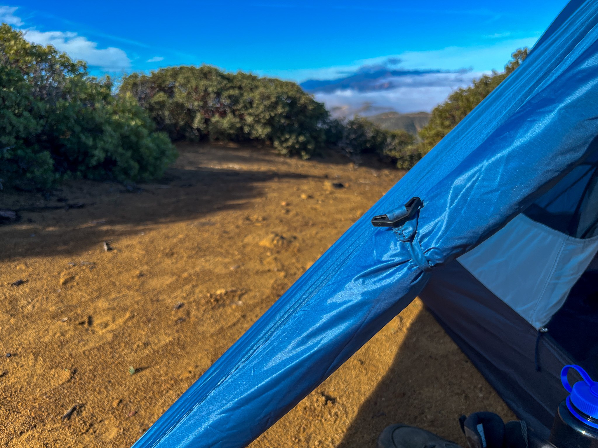 Closeup of a rainfly door tie on the REI Half Dome SL2+ with bushes and distant mountains in the background.