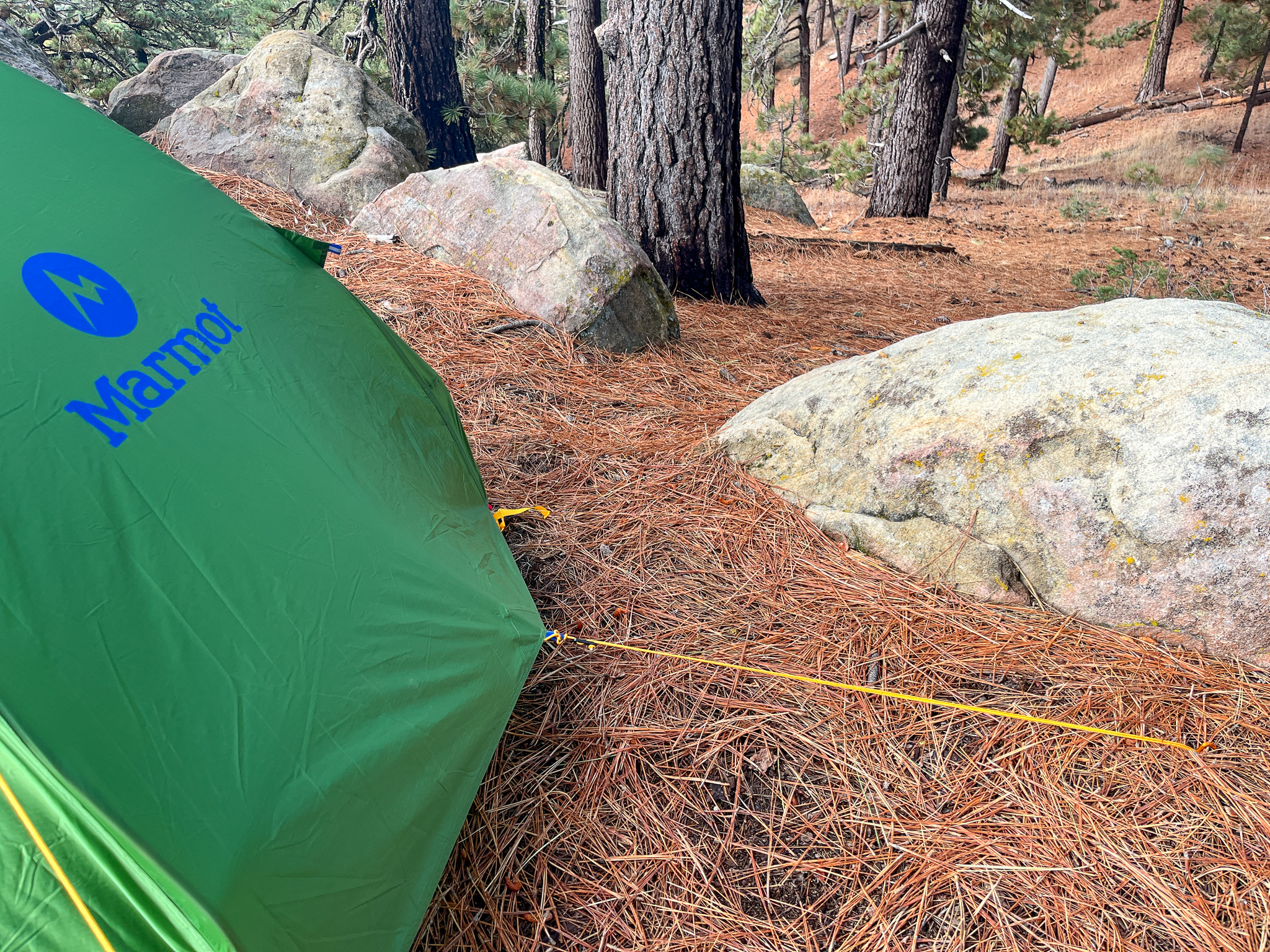 View of the reinforced tension lines pullout on the side panels of the Marmot Tungsten 2. Boulders and a pine forest in the background.