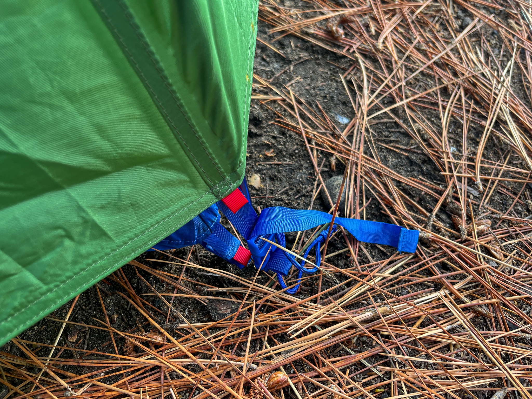 Shows a closeup of the marmot Tungsten's color coded red corner tabs on the rainfly and inner tent, secured to the pine needle covered ground.