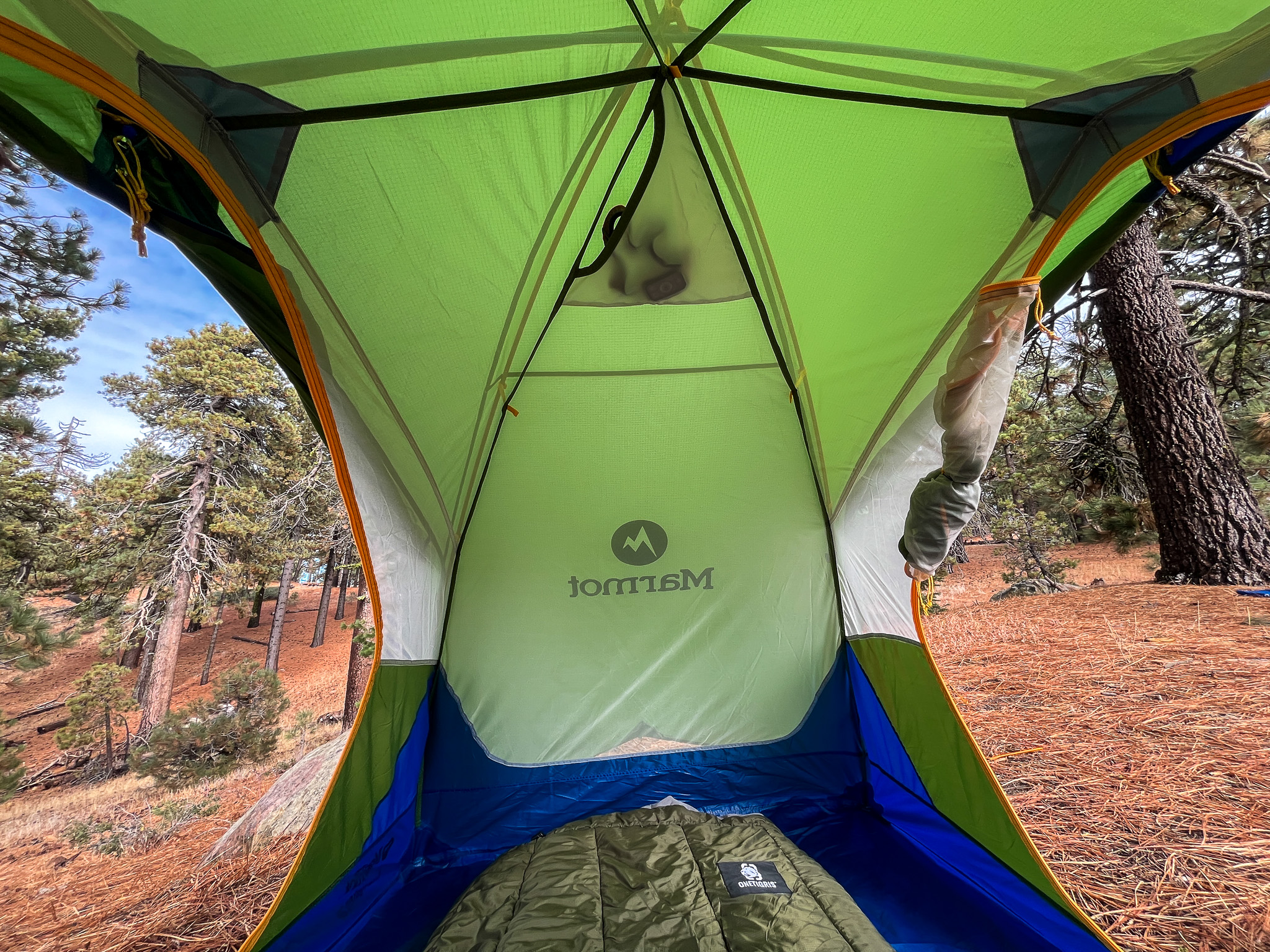 Interior view of the Marmot Tungsten 2 and a clear view of the surrounding forest through the open doors.