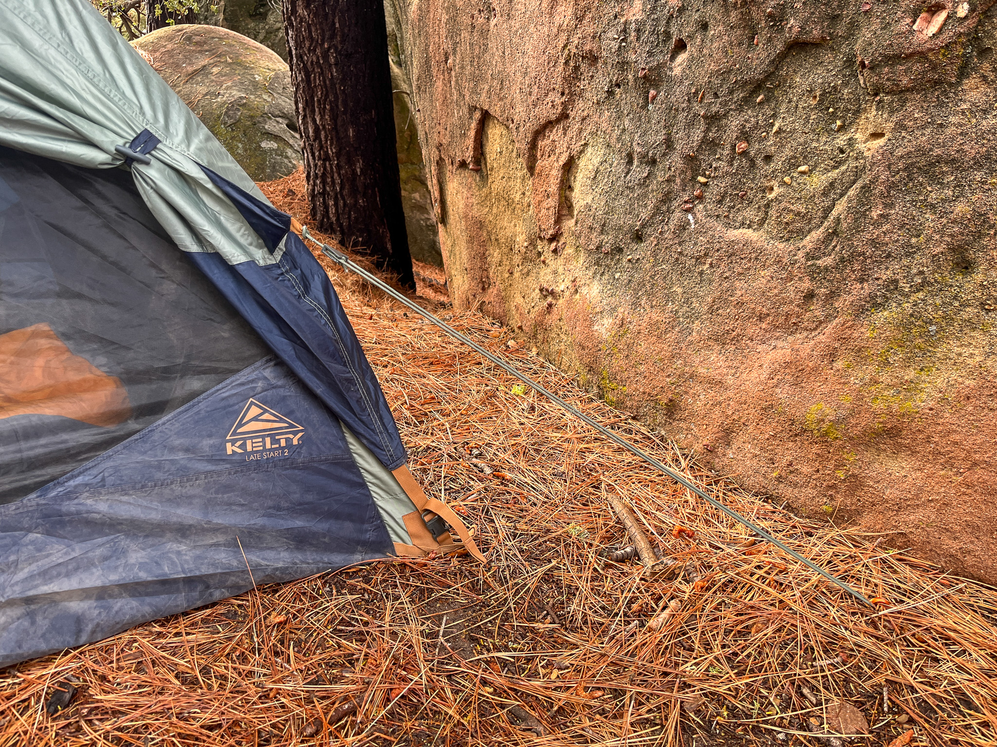 Closeup of a deployed guy line on the rainfly of the Kelty Late Start 2. Large boulder to the right with a pine tree in the background.