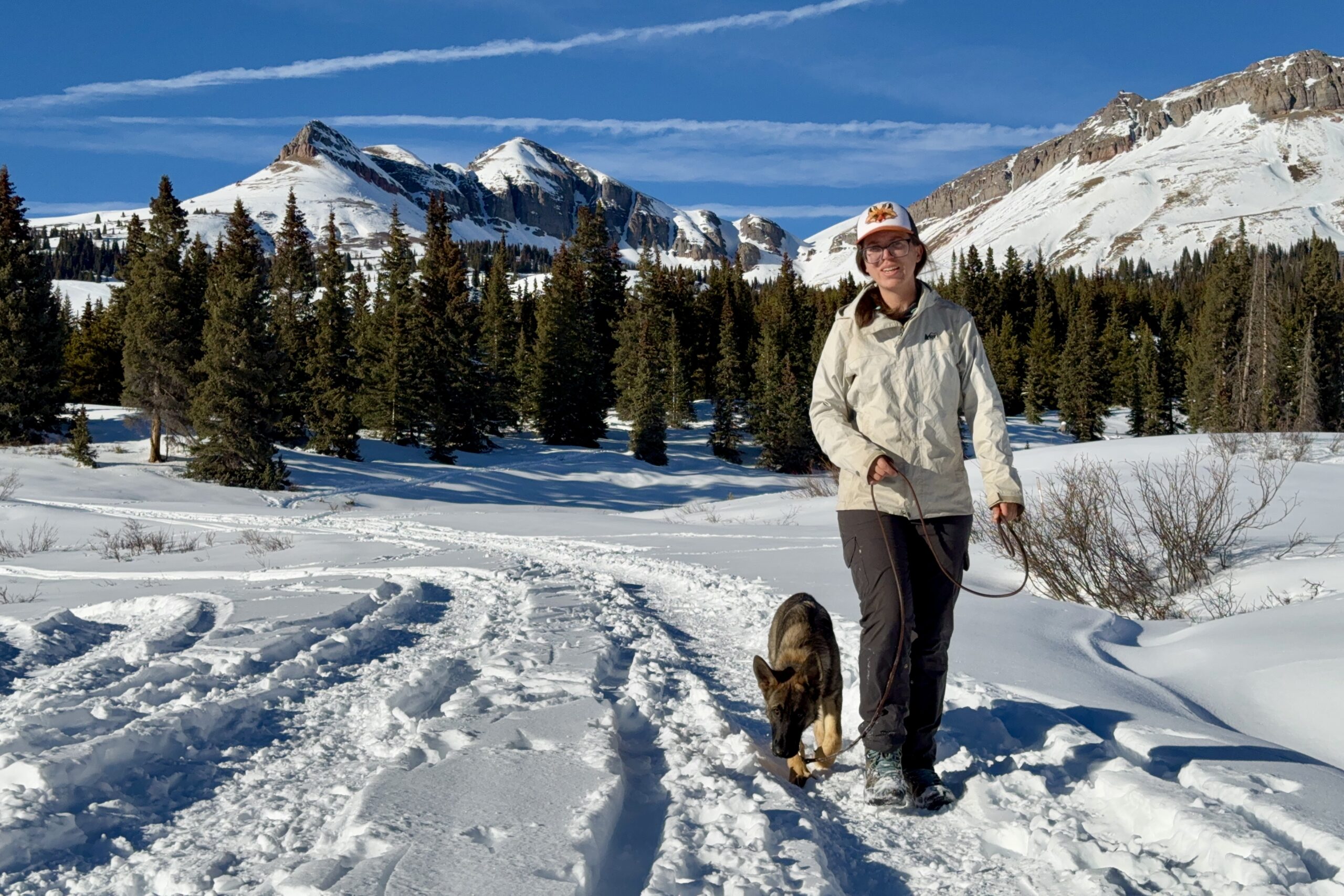 A person is walking a dog in the snow while wearing the Keen boots. There are pine trees and mountains in the background.