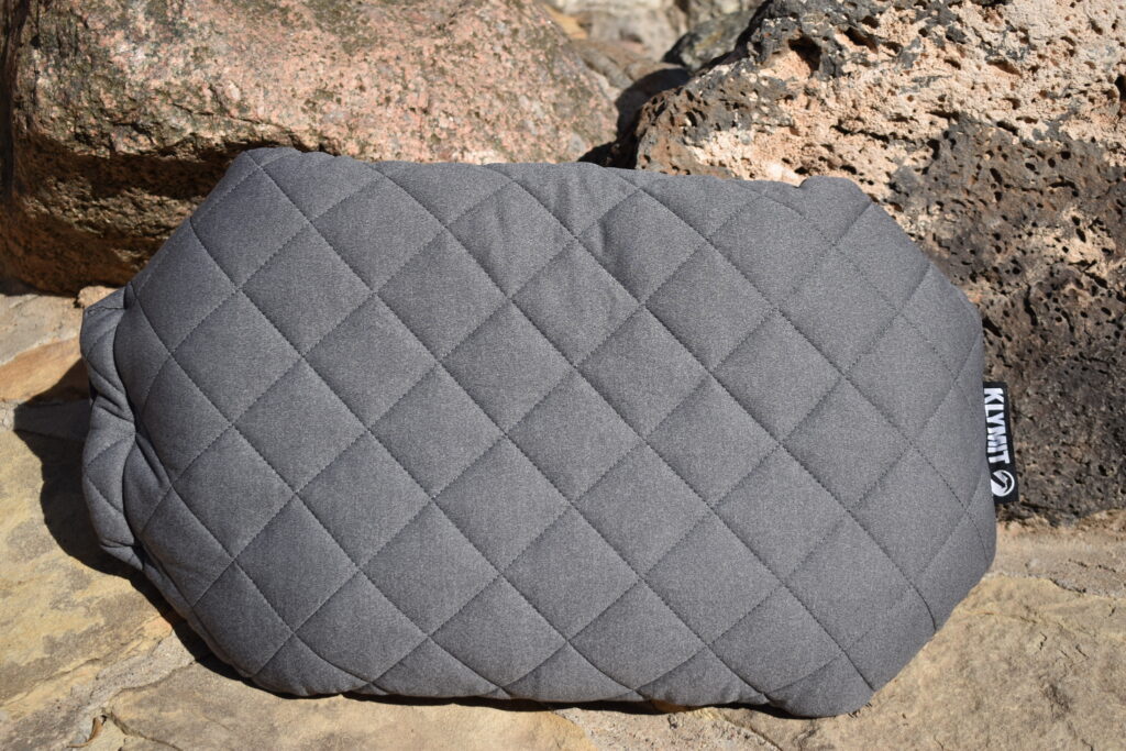 Close up of the Klymit LUXE pillow with diamond-shaped baffles filled with polyester insulation.