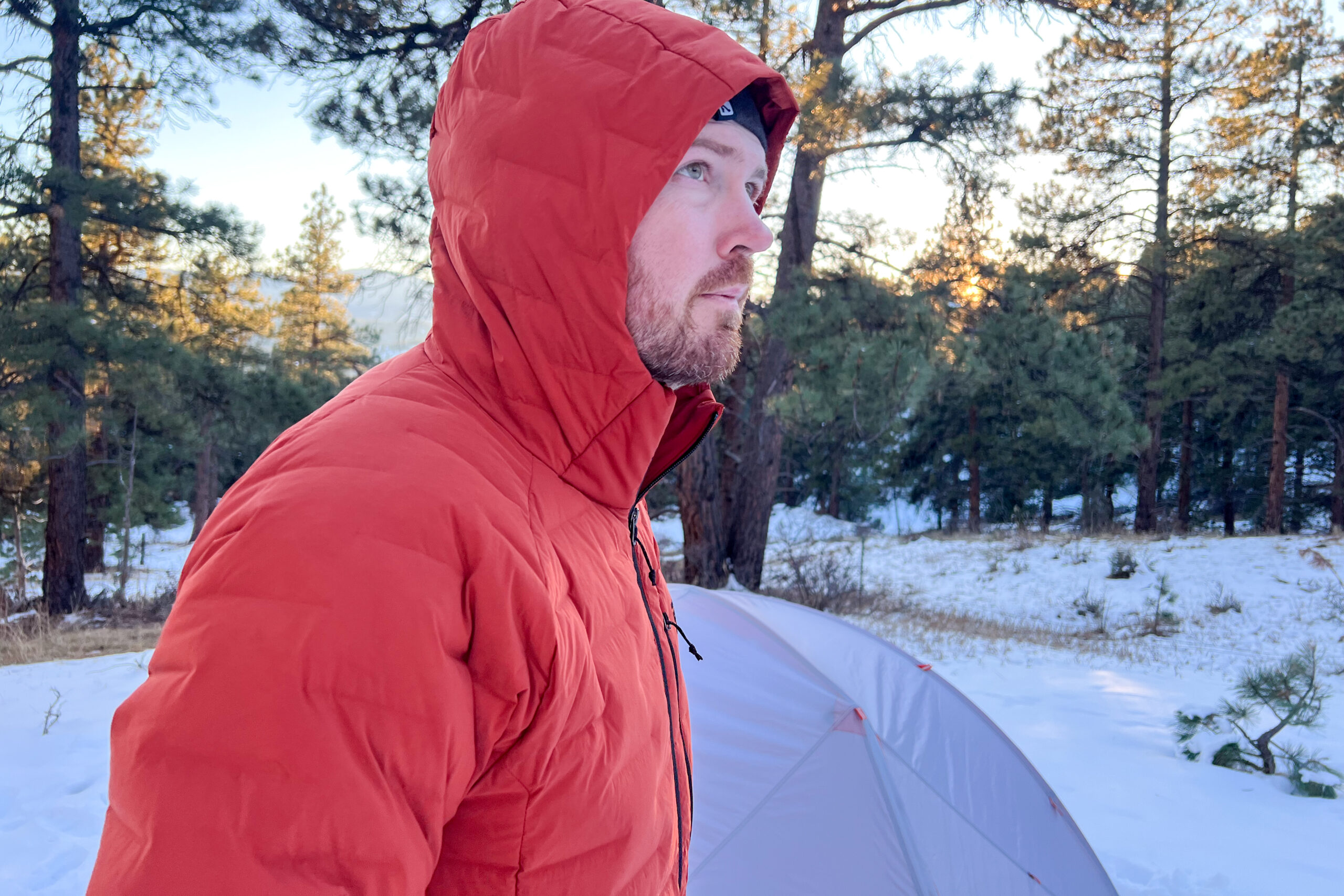 A side-profile view of a person wearing the Mountain Hardwear StretchDown Hoody with the hood up in a snowy forest setting.