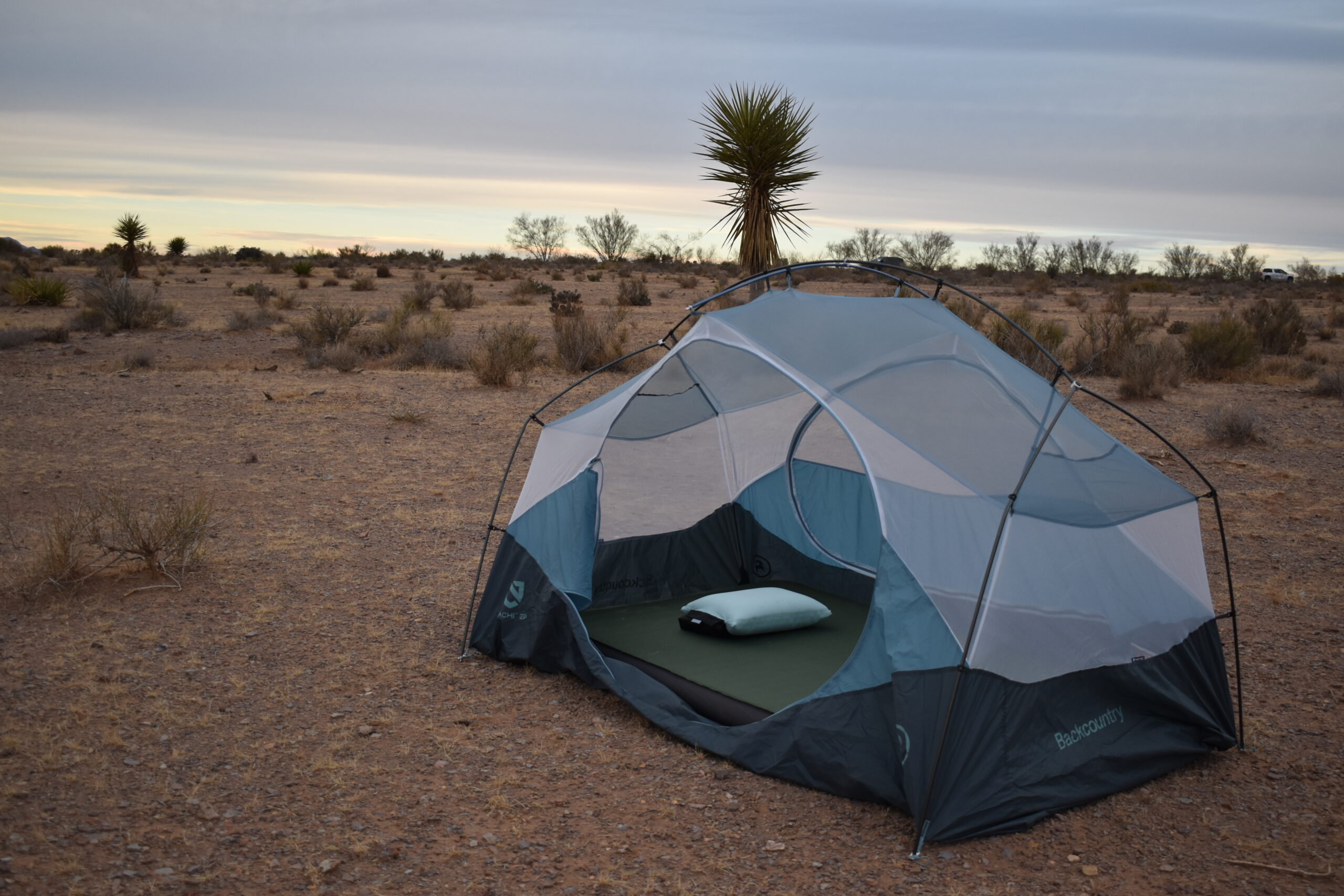 NEMO Fillo sitting on a sleeping pad in an open tent pitched in the Chihuahuan Desert in front of a Joshua Tree