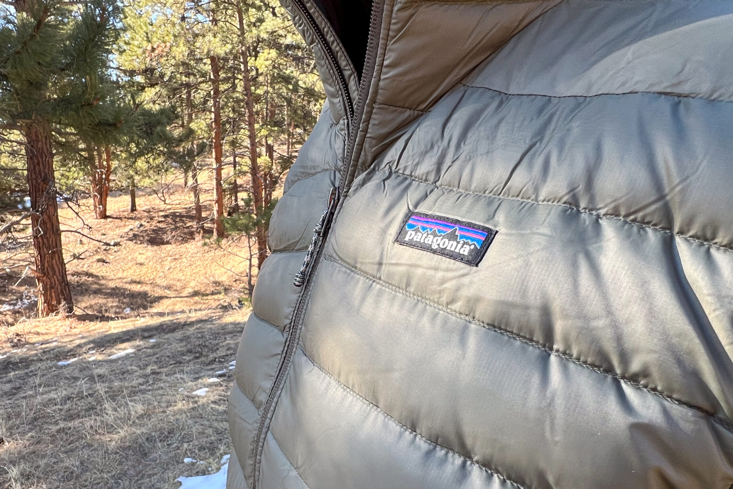 Close-up of the Patagonia Down Sweater Hoody's ripstop nylon shell with stitched baffles and Patagonia logo.