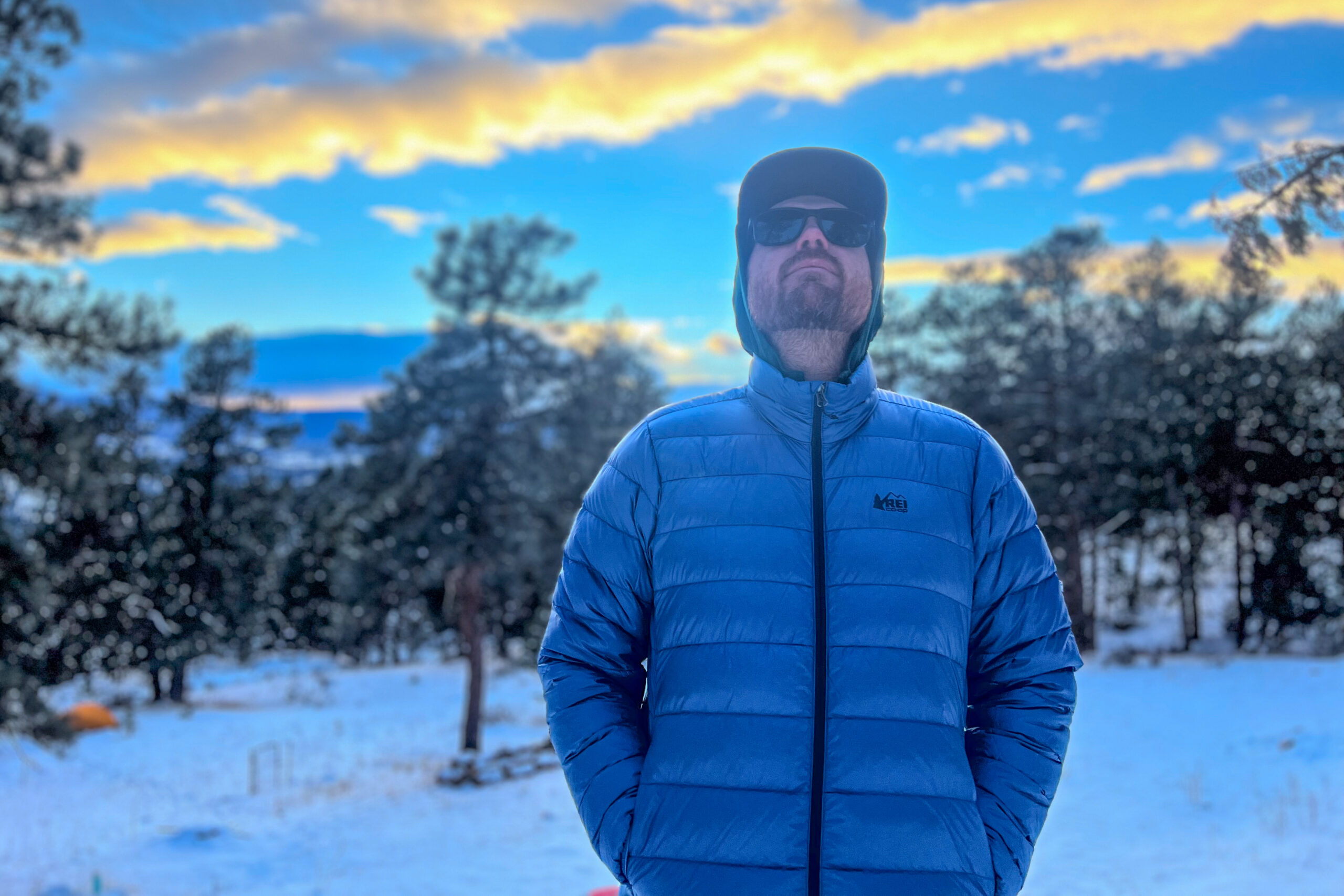 A man stands facing the camera wearing a blue REI 650 Down Jacket, zipped up with a hood underneath a cap, set against a snowy winter forest at sunset.