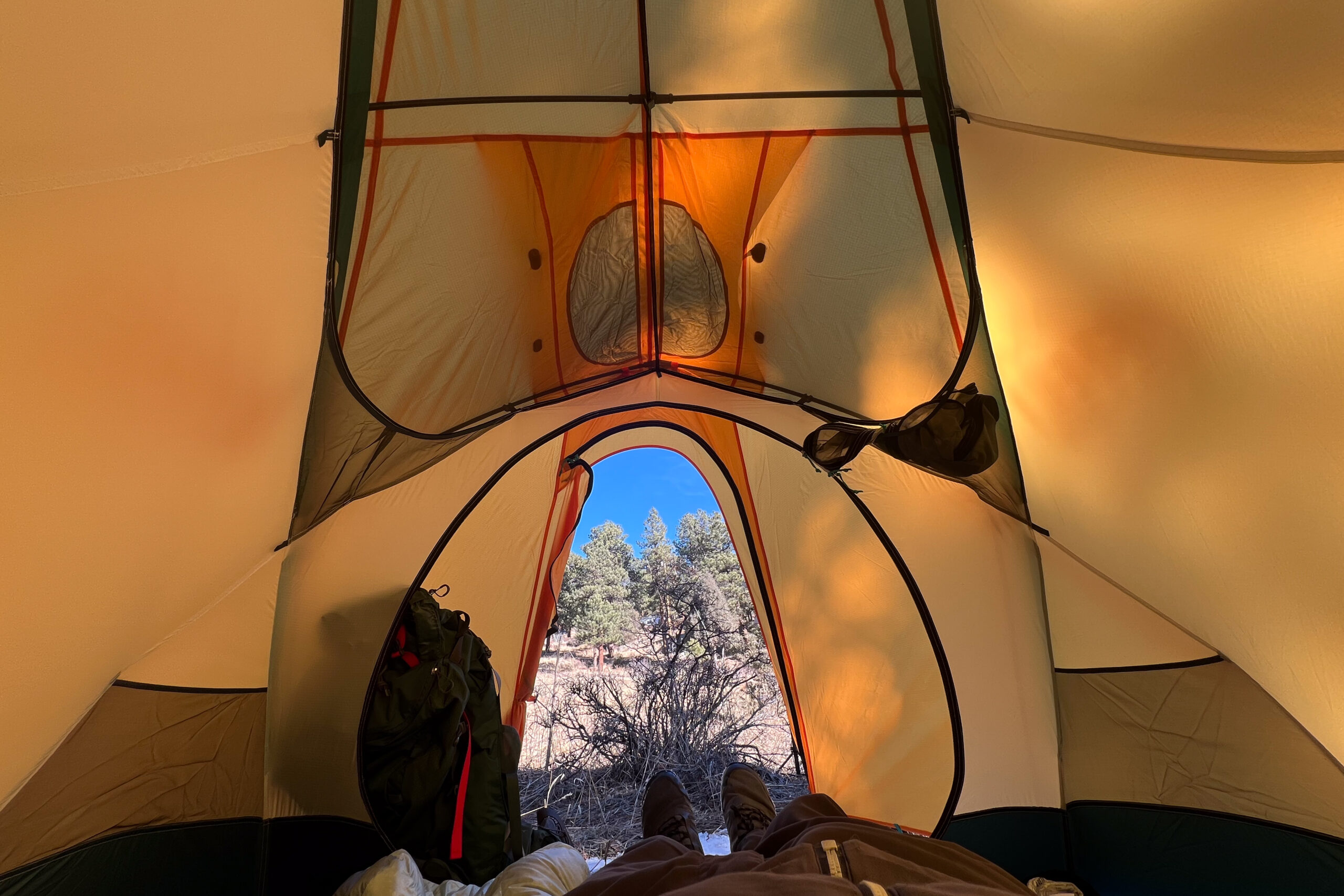 A pov shot from a camper laying inside the tent. The door is open and the camper is looking outside of the tent.