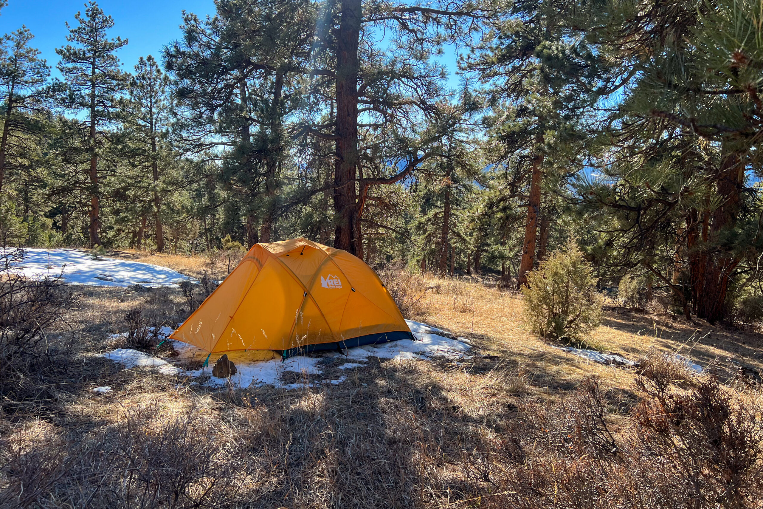 An orange tent pitched on a small patch of snow in a forested setting.