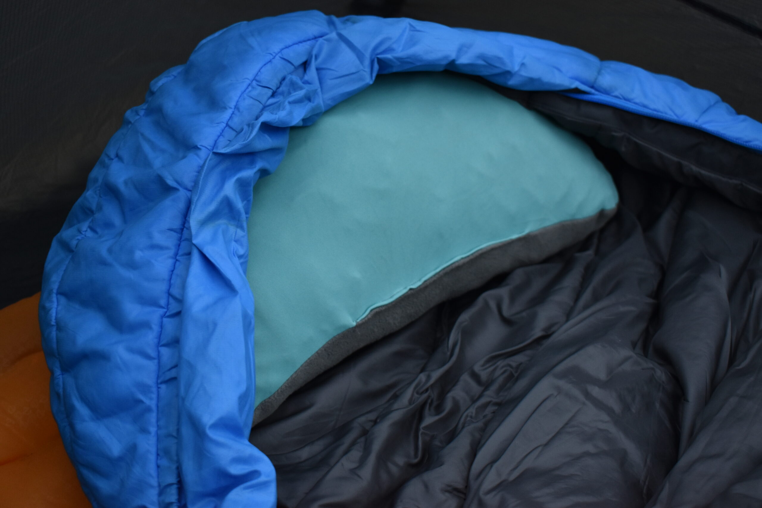 Close up of the REI Mummy Bag Pillow perfectly sized to fit in the hood of a Marmot mummy bag.