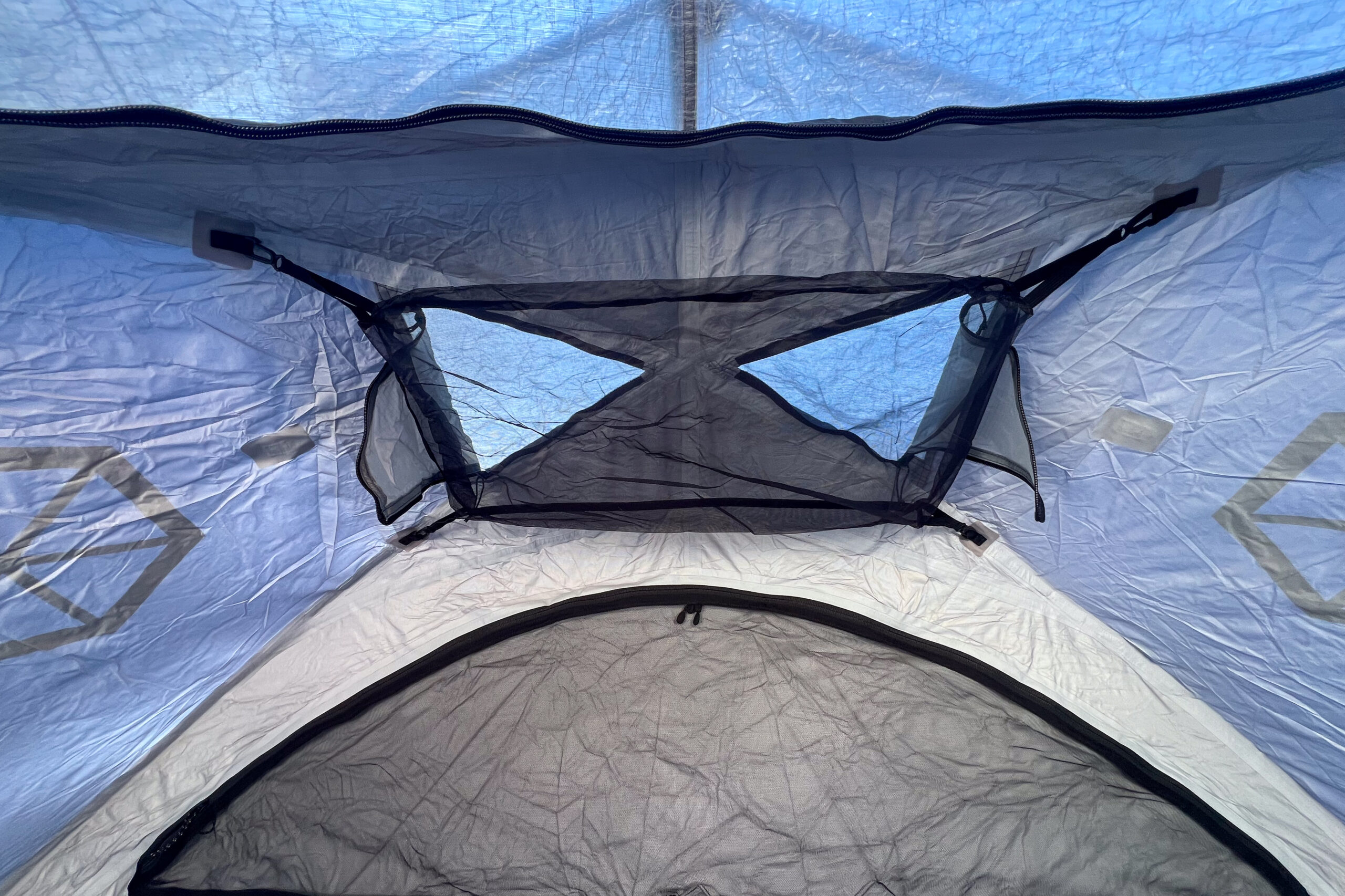 A close-up of the Samaya 2.0 tent's top vent, featuring a mesh design to prevent condensation while maintaining ventilation.