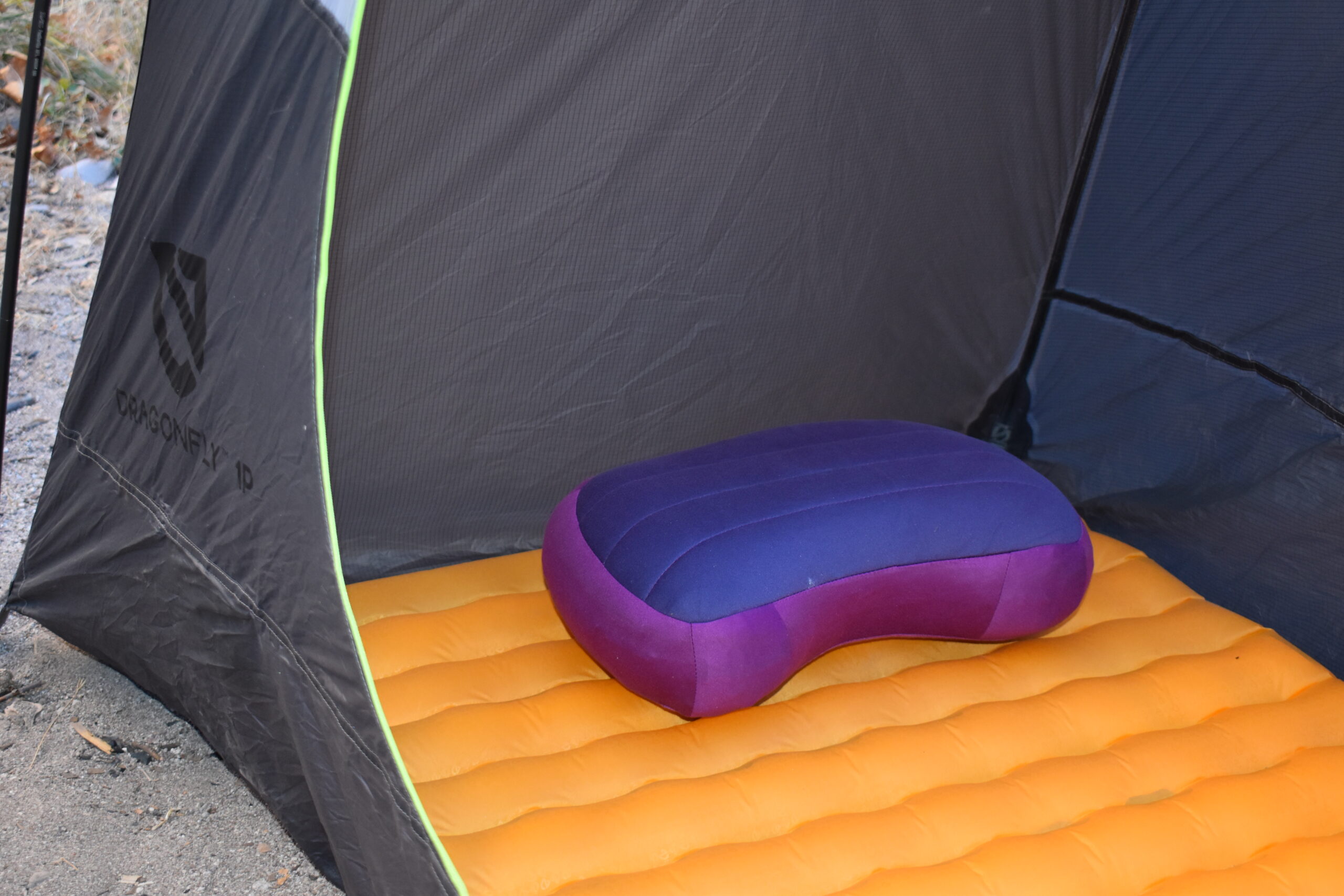 A tent with a sleeping sleeping pad and the Sea to Summit Aeros Premium Pillow on top