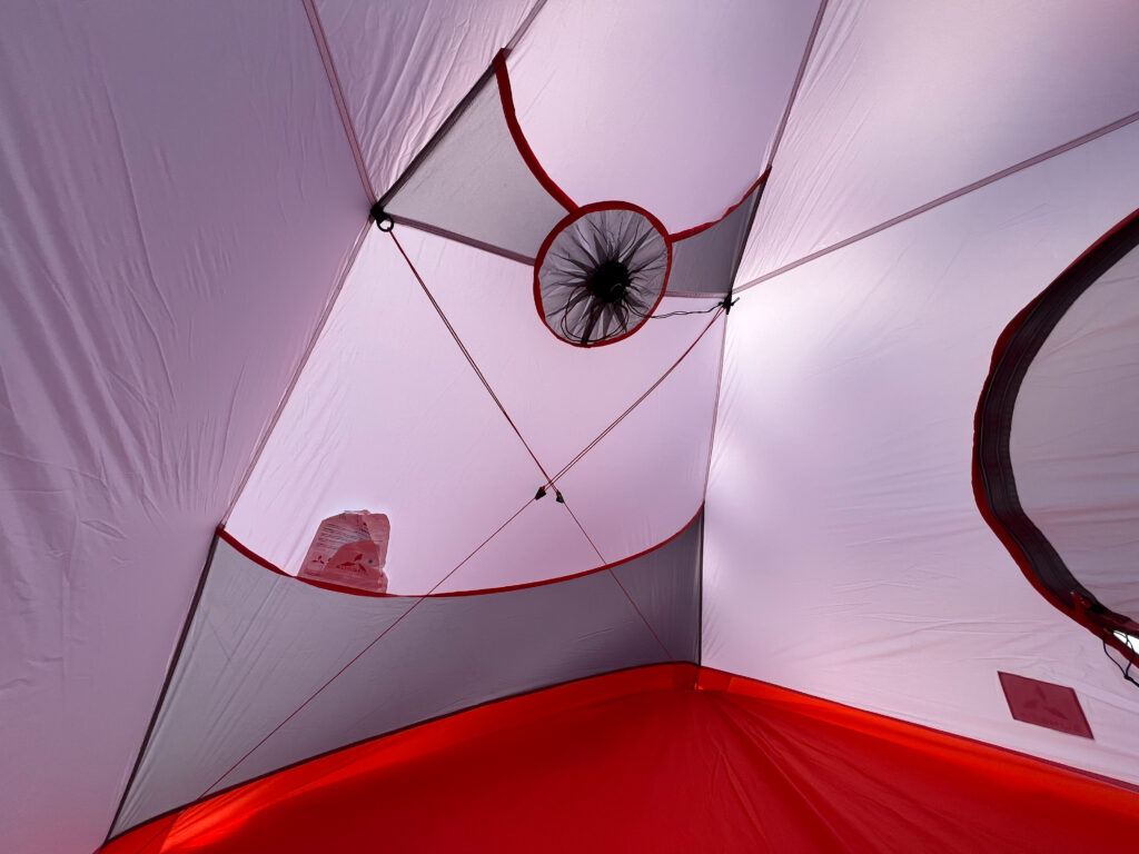 Interior ceiling of the SlingFin CrossBow 2 tent, showing gear loops and mesh ventilation.