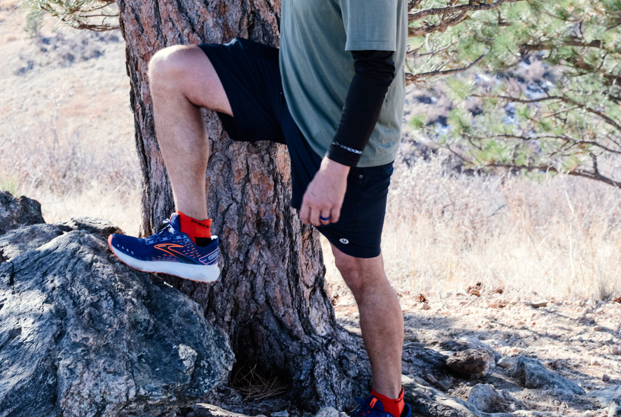 Man's leg on a rock by a tree.