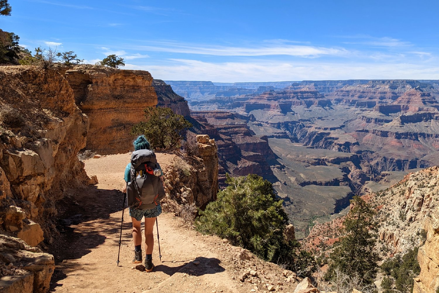 A women hikes down the Grand Canyon on a beautiful blue bird day.