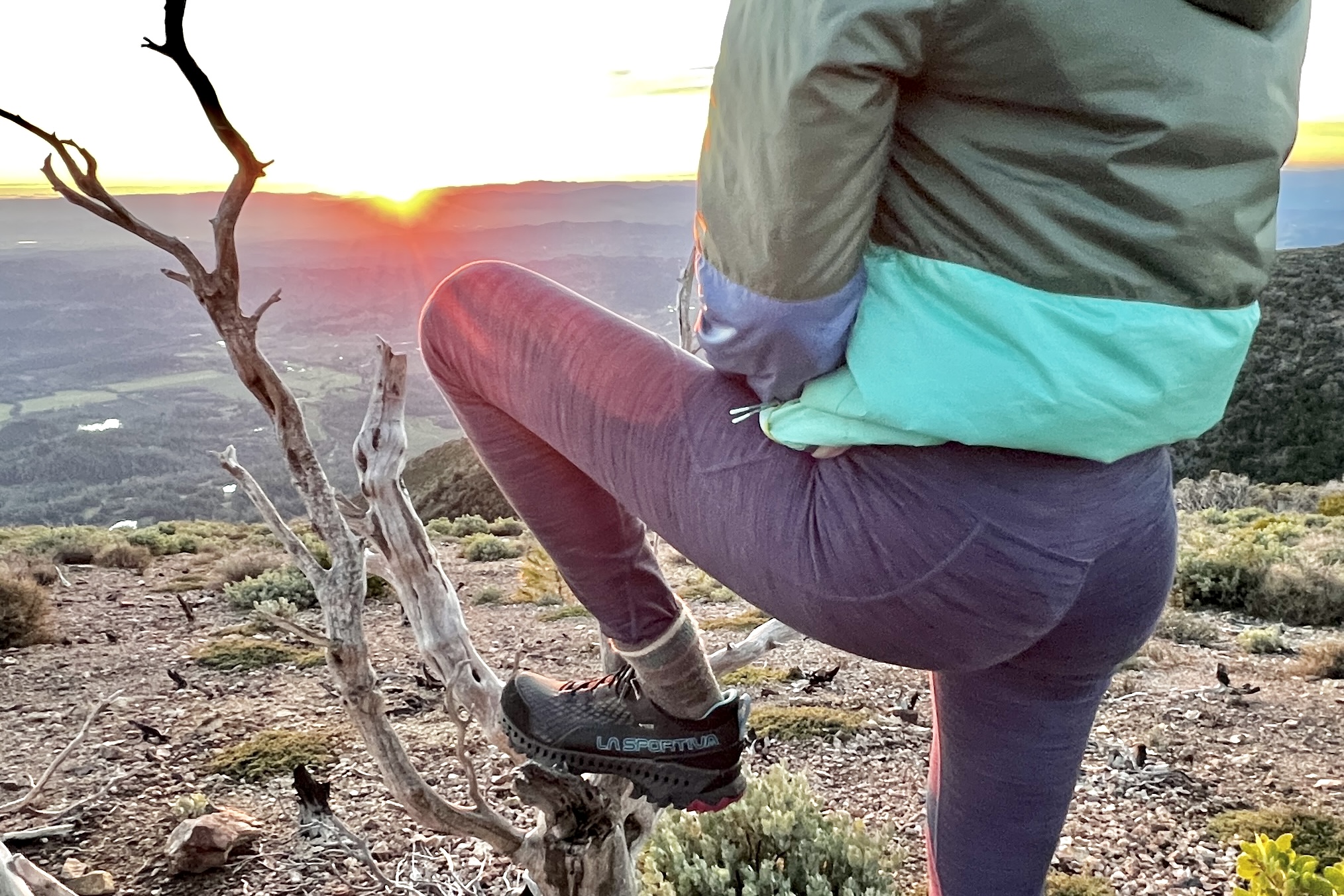 A woman stands watching the sunset with her foot placed on an old tree stump.