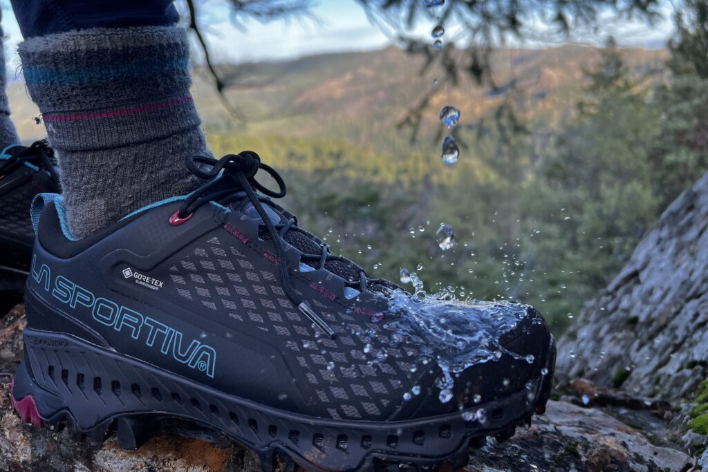 Water beads easily off of the La Sportiva waterproof hiking shoes.