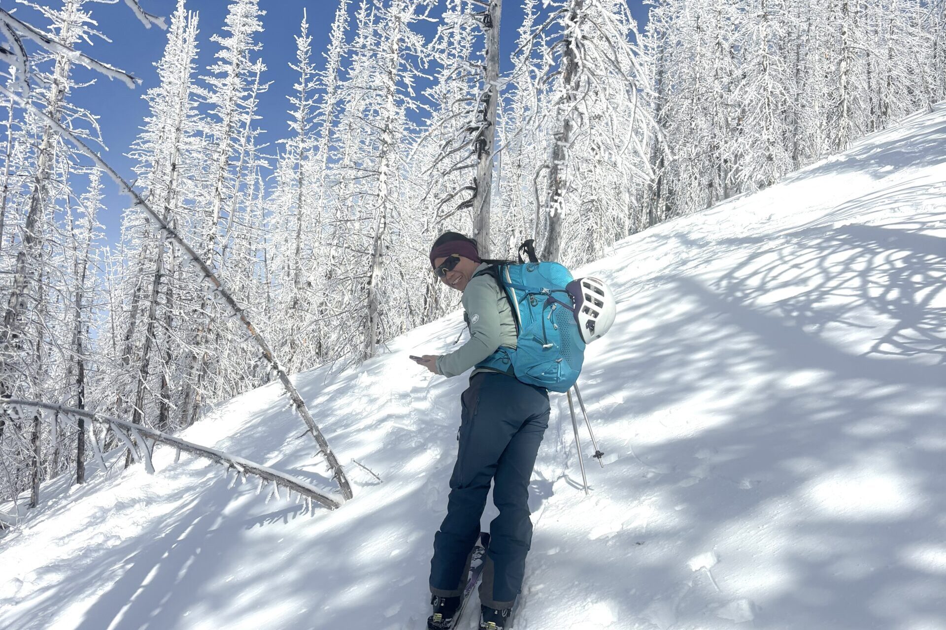 Gregory Juno 24 H2O pack used by a person on skis against a snowy hill with snowy trees on a sunny day