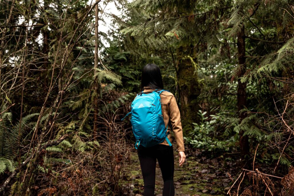 Details of Gregory Swift 16 H2O - a person walking in the forest wearing the pack