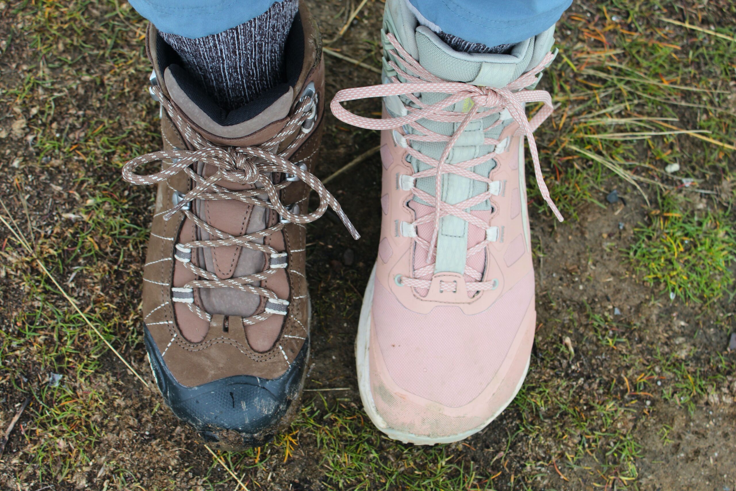 Hiker wearing both the Women’s Altra Lone Peak ALL-WTHR 2 and Women’s Oboz Bridger WP (one on each foot)