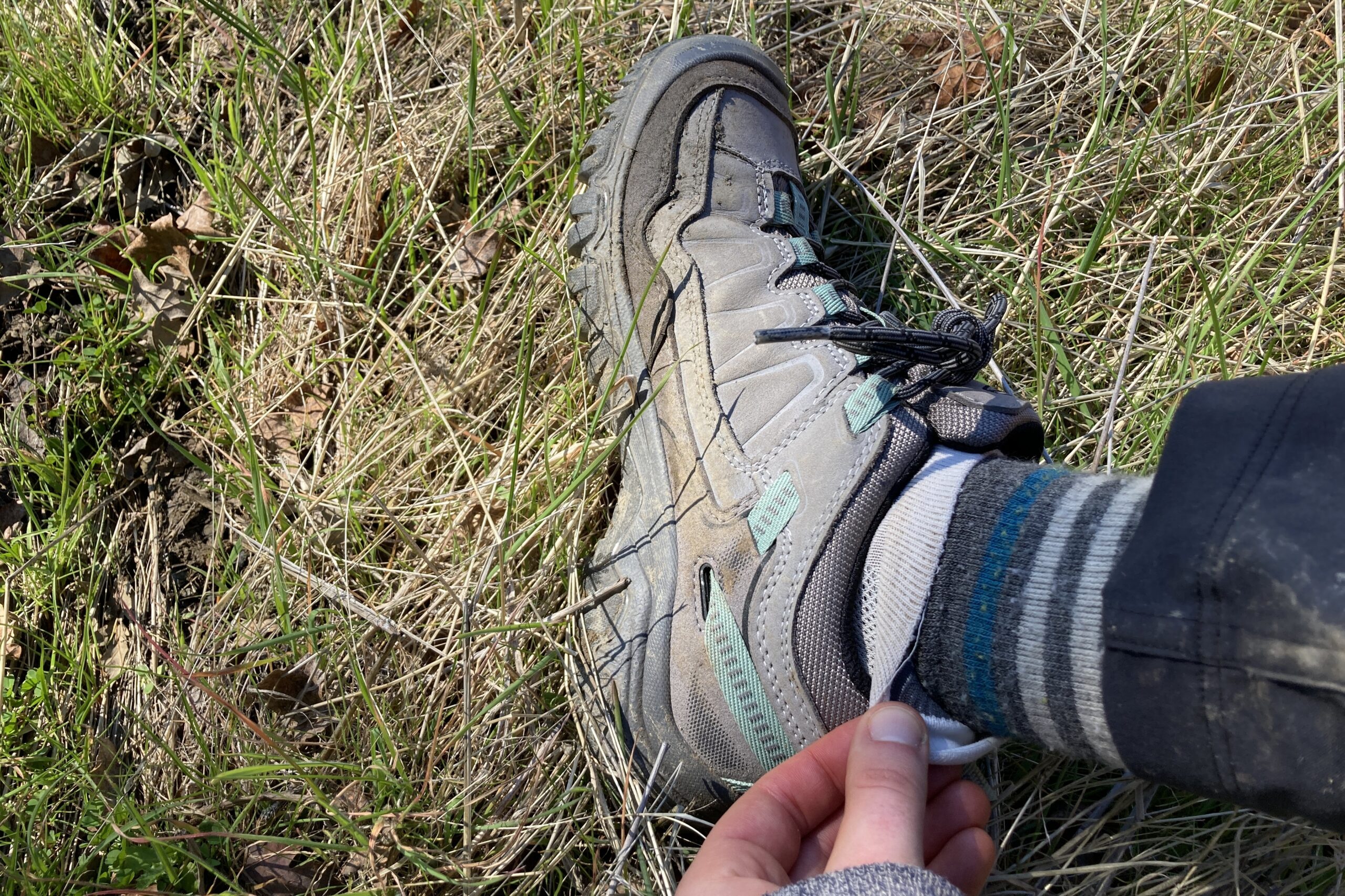 Close-up of the Keen hiking shoe, showing that 2 pairs of socks are being worn to accommodate the roomy fit of the shoe.