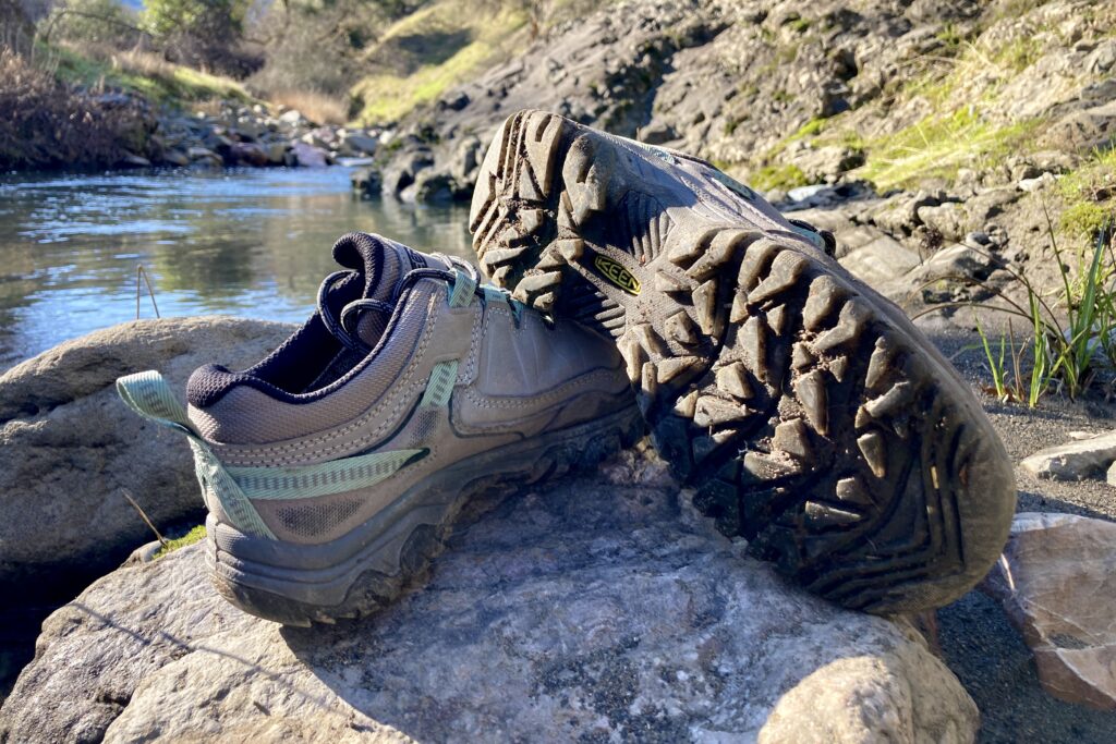 Close-up of the Keen hiking shoes, showing the tread.