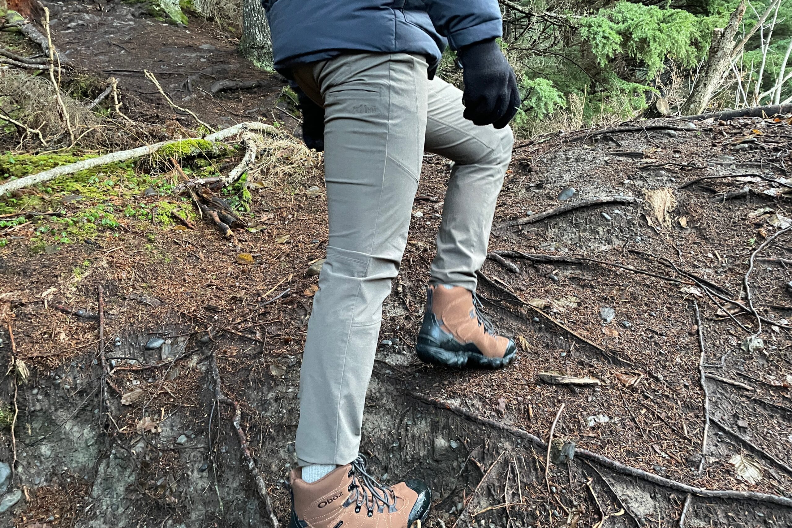 A closeup of the side pockets on a pair of hiking pants.