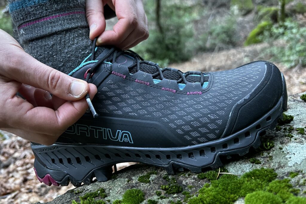 Close-up showing the lacing of the La Sportiva hiking shoes.