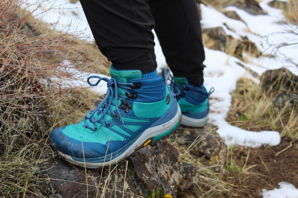 Hiker wearing the Women’s Topo Trailventure 2 WP boots